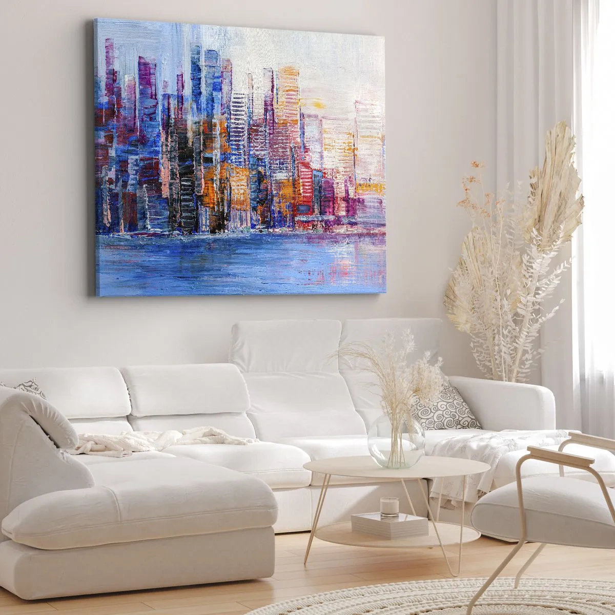 Impression sur toile - Image sur toile - Un panorama coloré de la ville avec des reflets sur l'eau - 70x50cm - Une métropole joyeuse - Décoration murale moderne pour le salon et la chambre ARTTOR