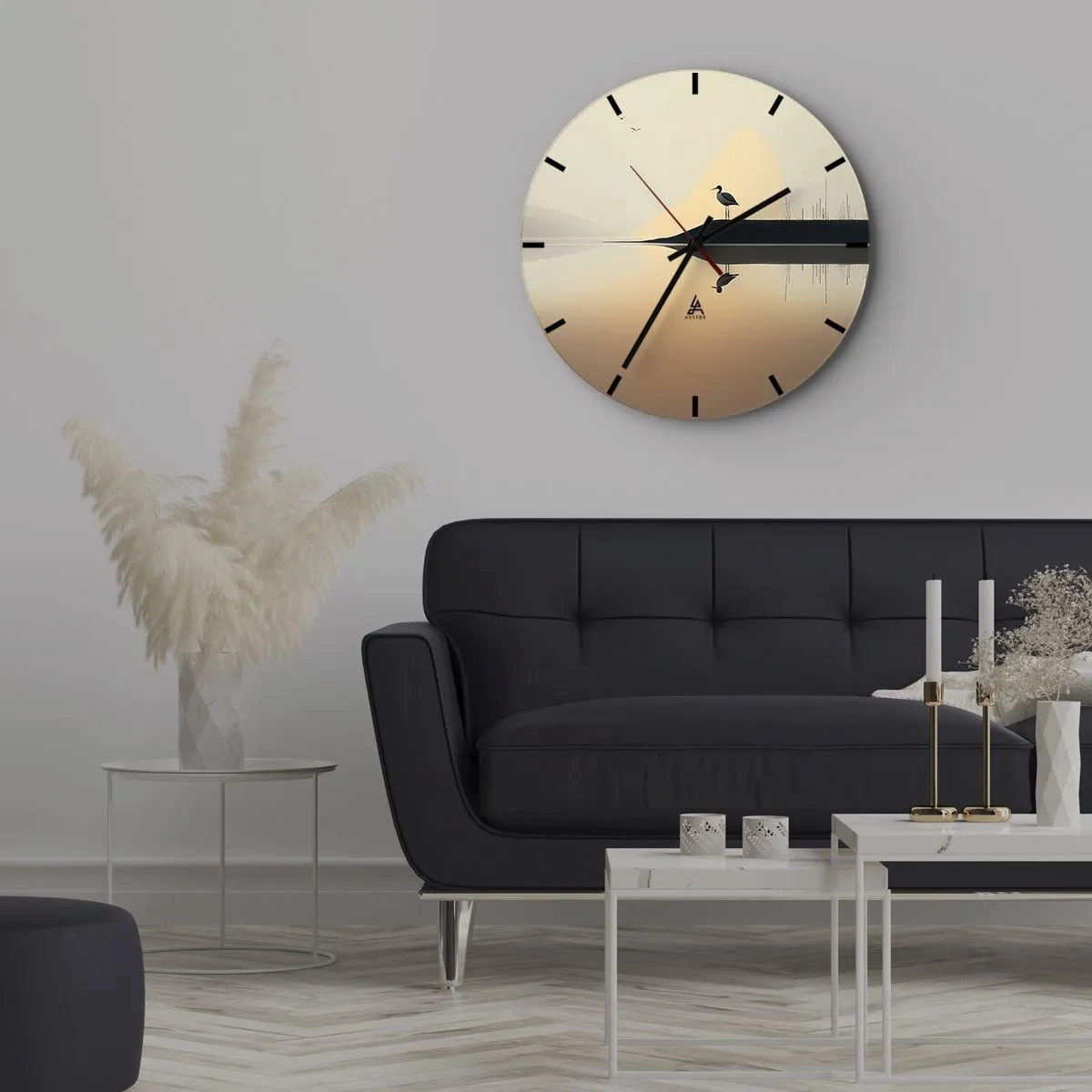 Horloge murale - Pendule murale - Silhouette d'un oiseau sur un rocher au-dessus d'un lac calme à l'aube - 30x30cm - Le seigneur du lac - Décoration murale moderne pour le salon, la cuisine et la chambre ARTTOR
