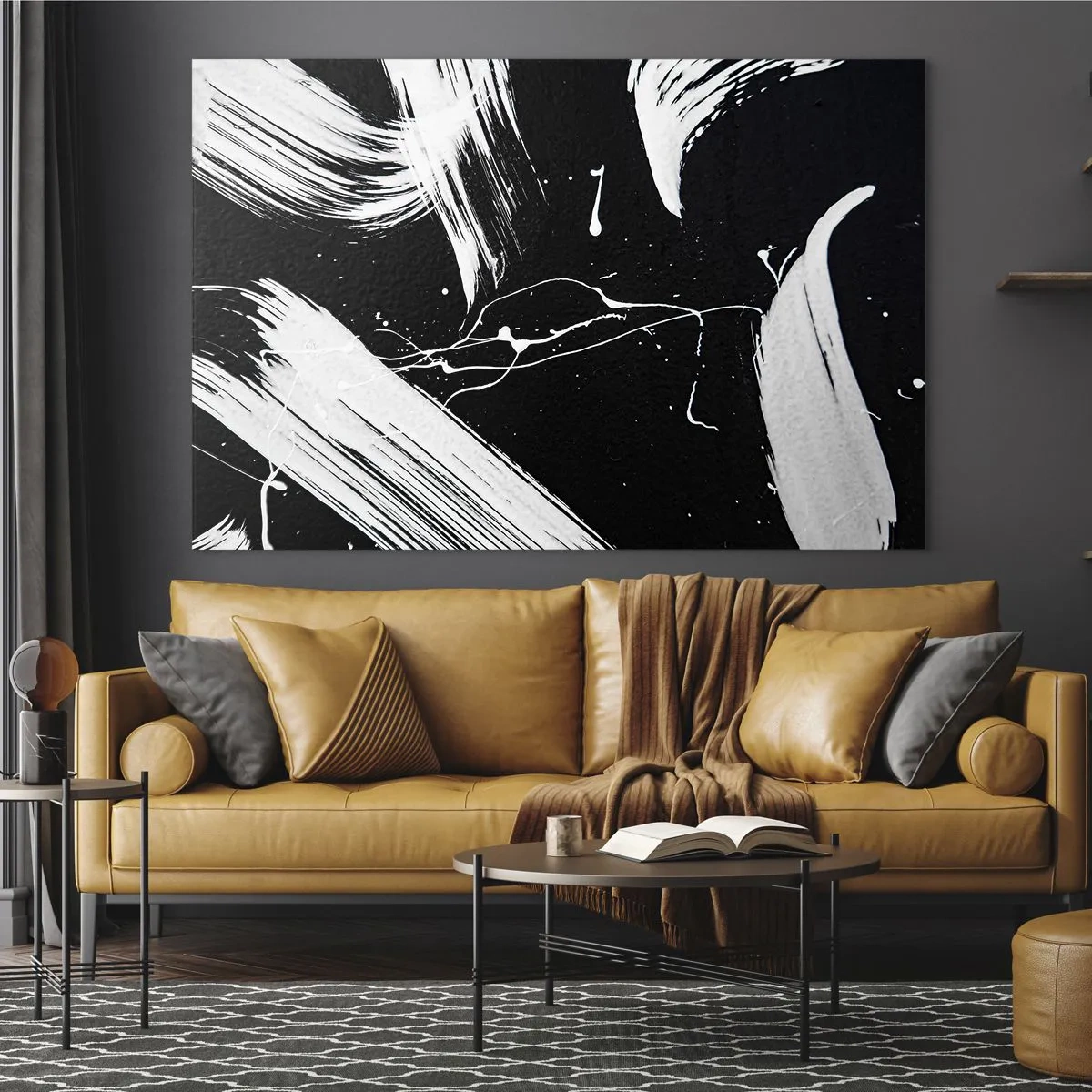 Impression sur verre - Image sur verre - Coups de pinceau blancs sur fond noir - 70x50cm - Briser les ténèbres - Décoration murale moderne pour le salon et la chambre ARTTOR