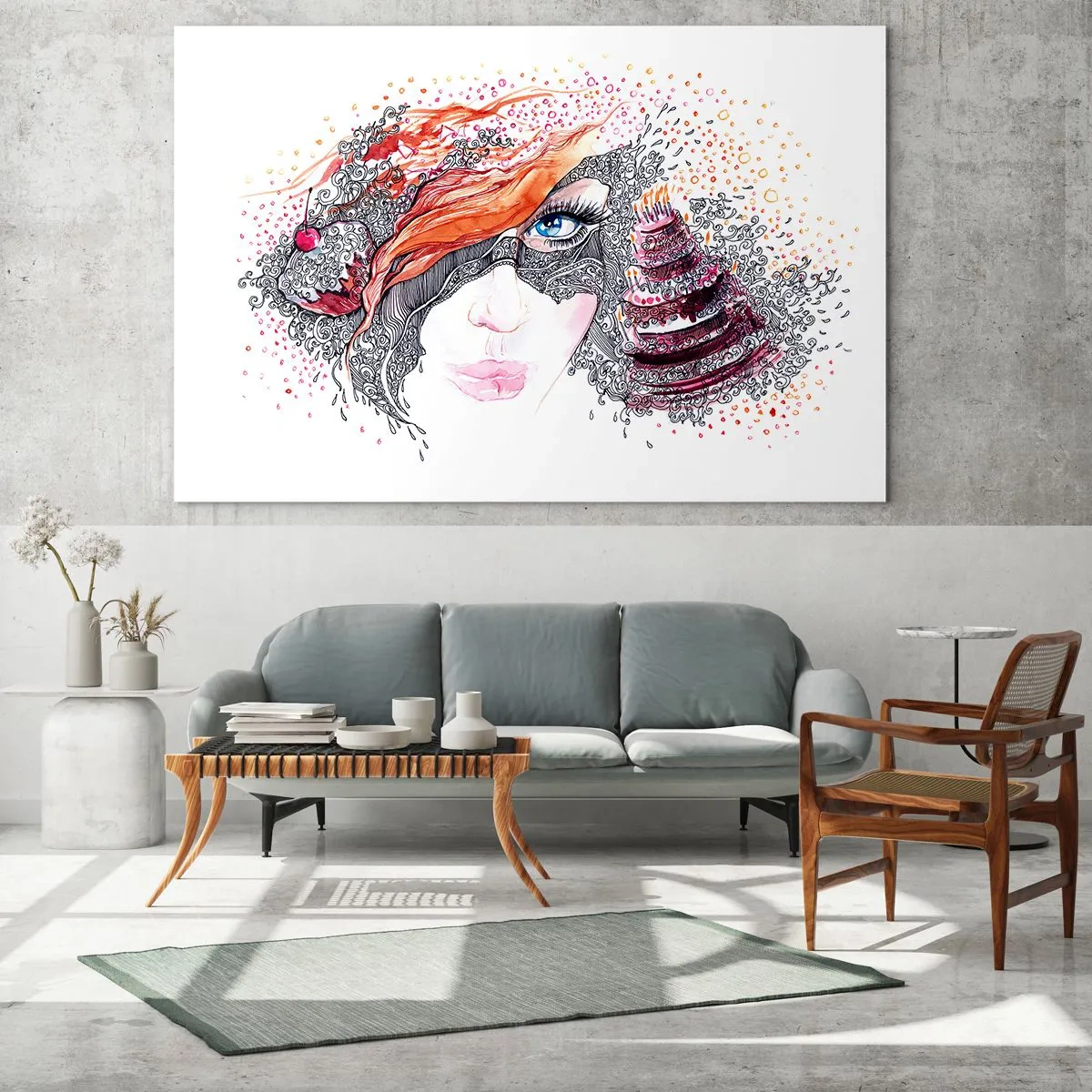 Impression sur verre - Image sur verre - Portrait d'une femme aux motifs dynamiques et aux accents rouges - 70x50cm - Avec elle, c'est tous les jours la fête - Décoration murale moderne pour le salon et la chambre ARTTOR