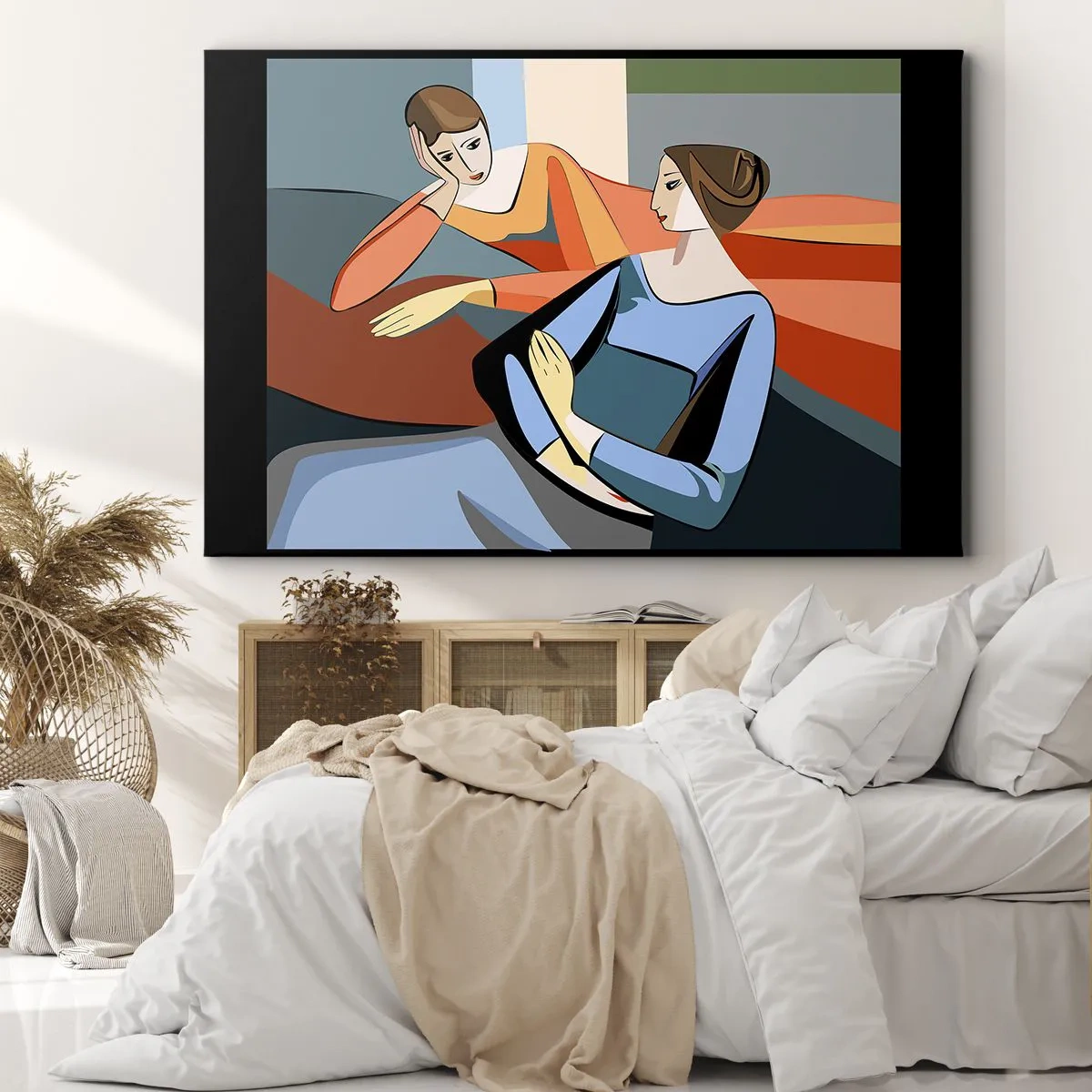 Impression sur toile - Image sur toile - Illustration abstraite de deux femmes dans le style cubiste - 70x50cm - Un moment de confiance - Décoration murale moderne pour le salon et la chambre ARTTOR