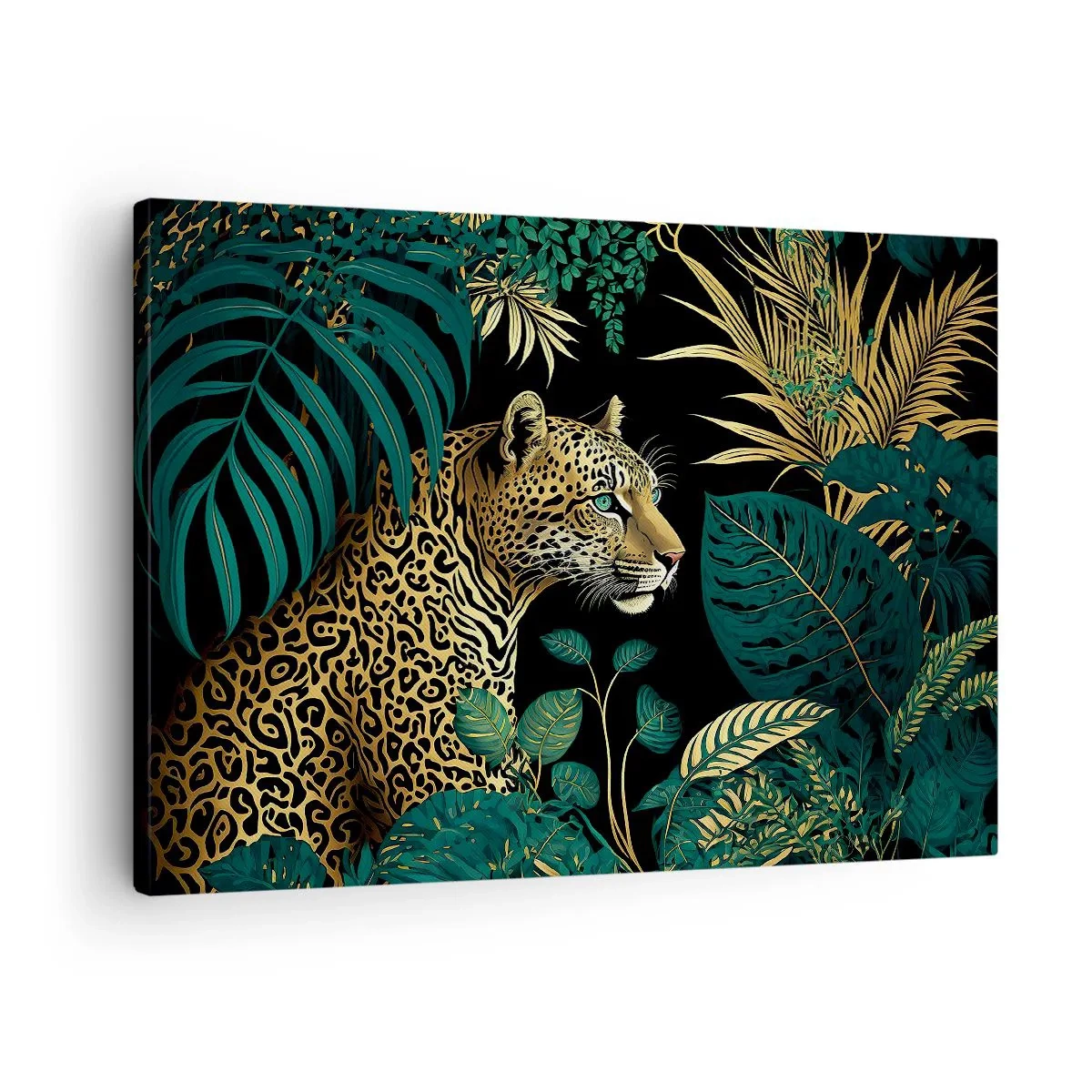 Impression sur toile - Image sur toile - Léopard dans des feuilles tropicales sur fond noir - 70x50cm - Un hôte dans la jungle - Décoration murale moderne pour le salon et la chambre ARTTOR