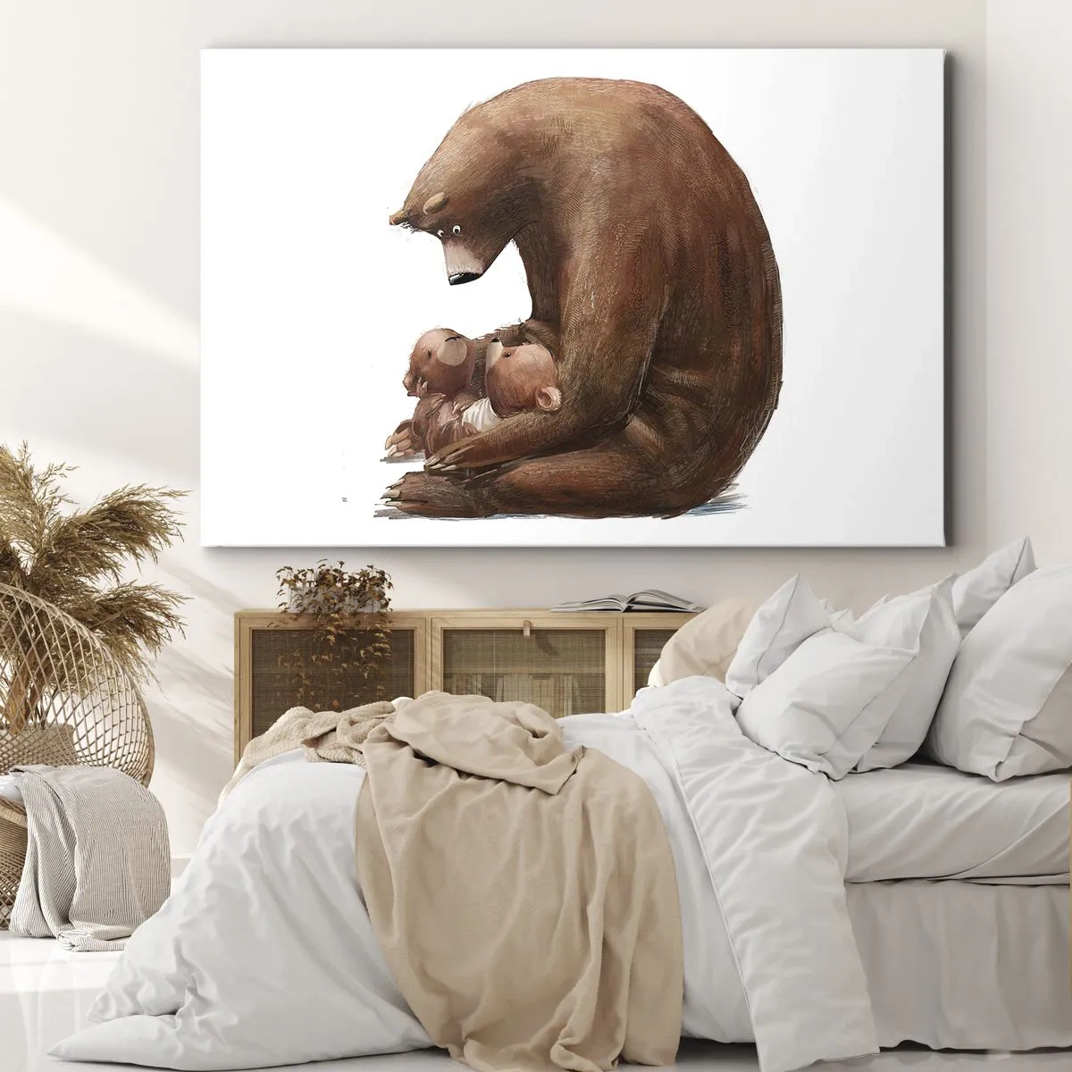 Impression sur toile - Image sur toile - Une mère ours avec deux petits ours dans ses bras - 70x50cm - Faites de beaux rêves les enfants - Décoration murale moderne pour le salon et la chambre ARTTOR