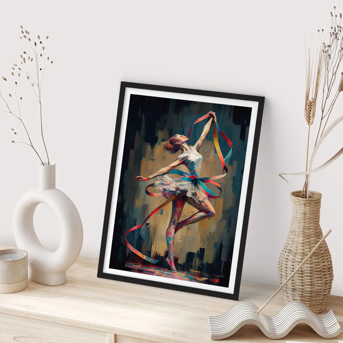 Affiche dans un cadre noir - Poster - Une danseuse dans une pose dynamique avec des rubans colorés. - 50x70cm - Danse du ruban - Décoration murale moderne pour le salon et la chambre ARTTOR