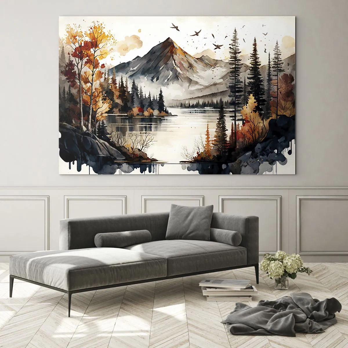 Impression sur verre - Image sur verre - Paysage de montagne d'automne avec un lac et une forêt - 70x50cm - Automne doré dans les montagnes - Décoration murale moderne pour le salon et la chambre ARTTOR
