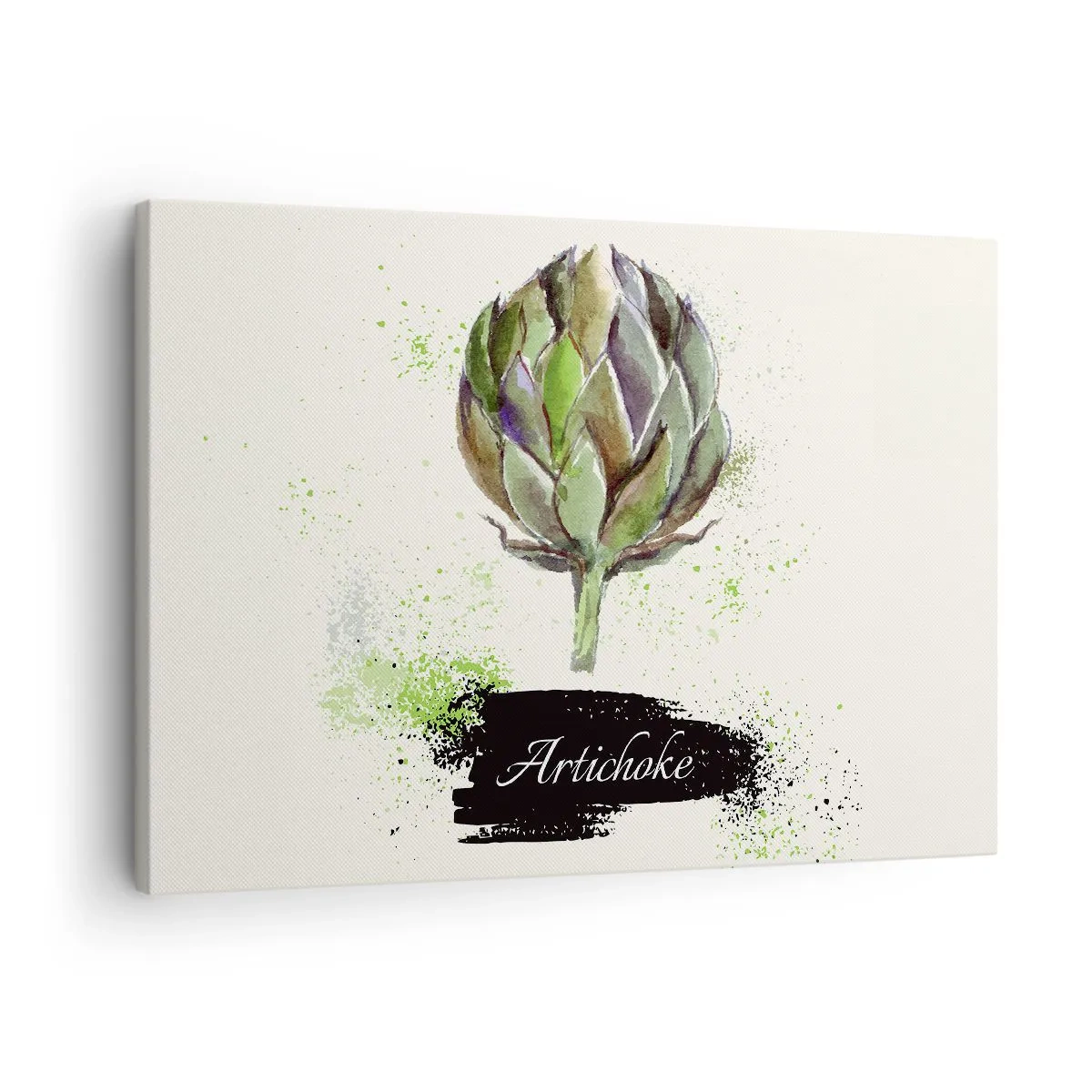 Impression sur toile - Image sur toile - Artichaut à l'aquarelle avec texte sur fond clair aux accents verts - 70x50cm - Vive les légumes! - Décoration murale moderne pour le salon et la chambre ARTTOR
