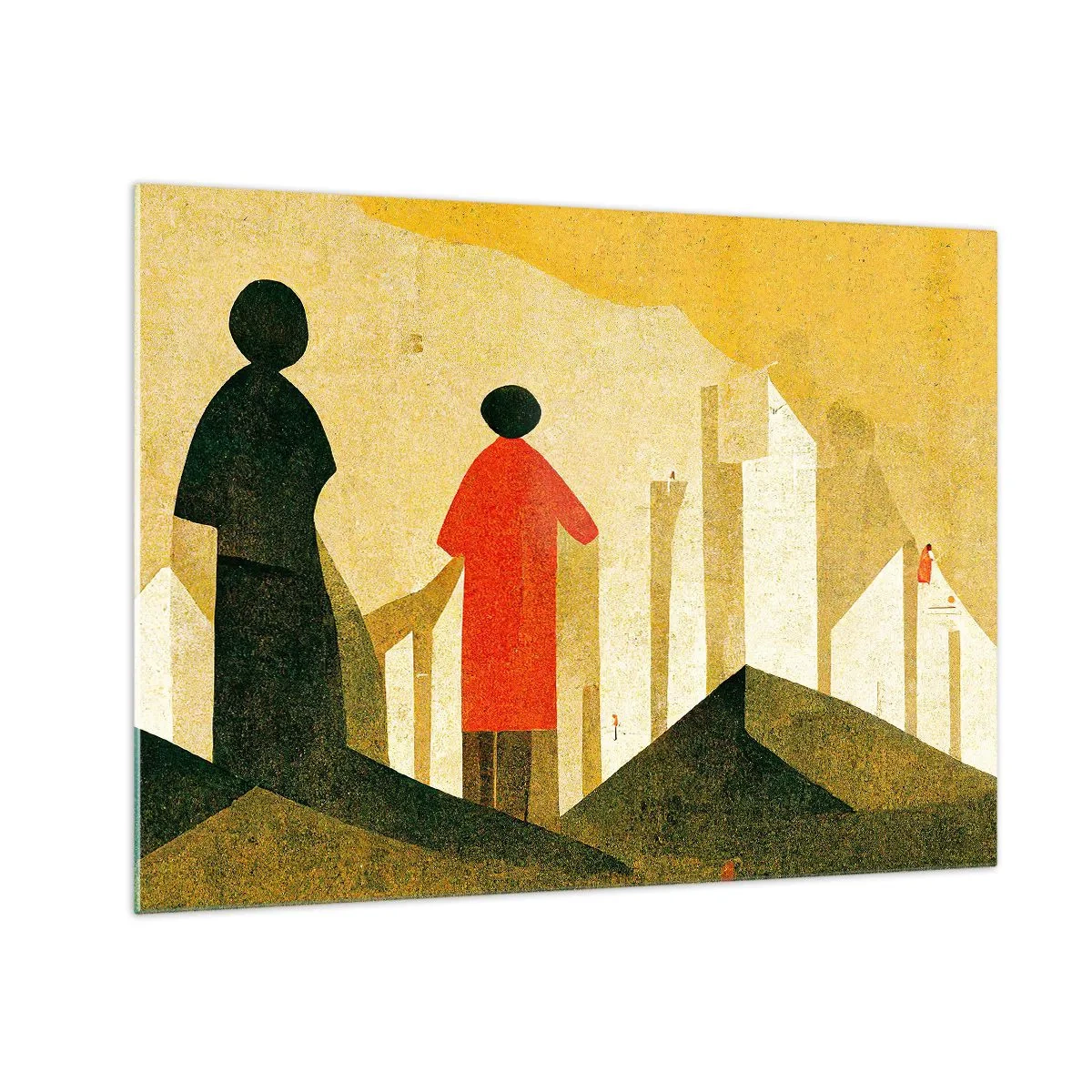 Impression sur verre - Image sur verre - Silhouettes géométriques de personnages parmi de hautes formes sur fond de ciel jaune - 70x50cm - La route est encore longue - Décoration murale moderne pour le salon et la chambre ARTTOR