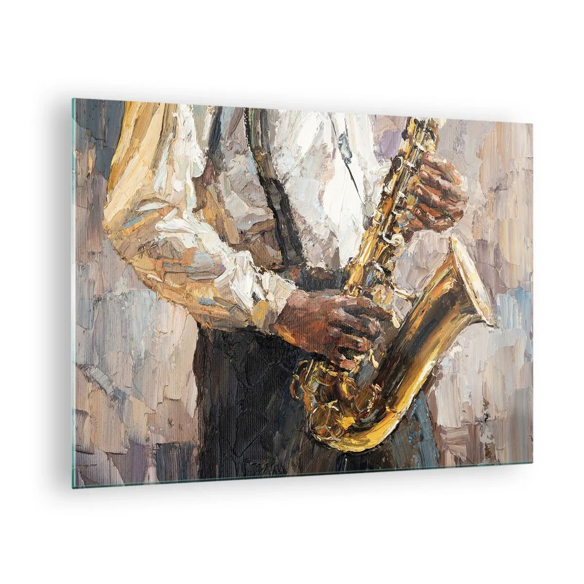 Impression sur verre - Image sur verre - Un musicien jouant du saxophone peint en utilisant la technique de l'empâtement - 70x50cm - C'est l'heure du solo - Décoration murale moderne pour le salon et la chambre ARTTOR