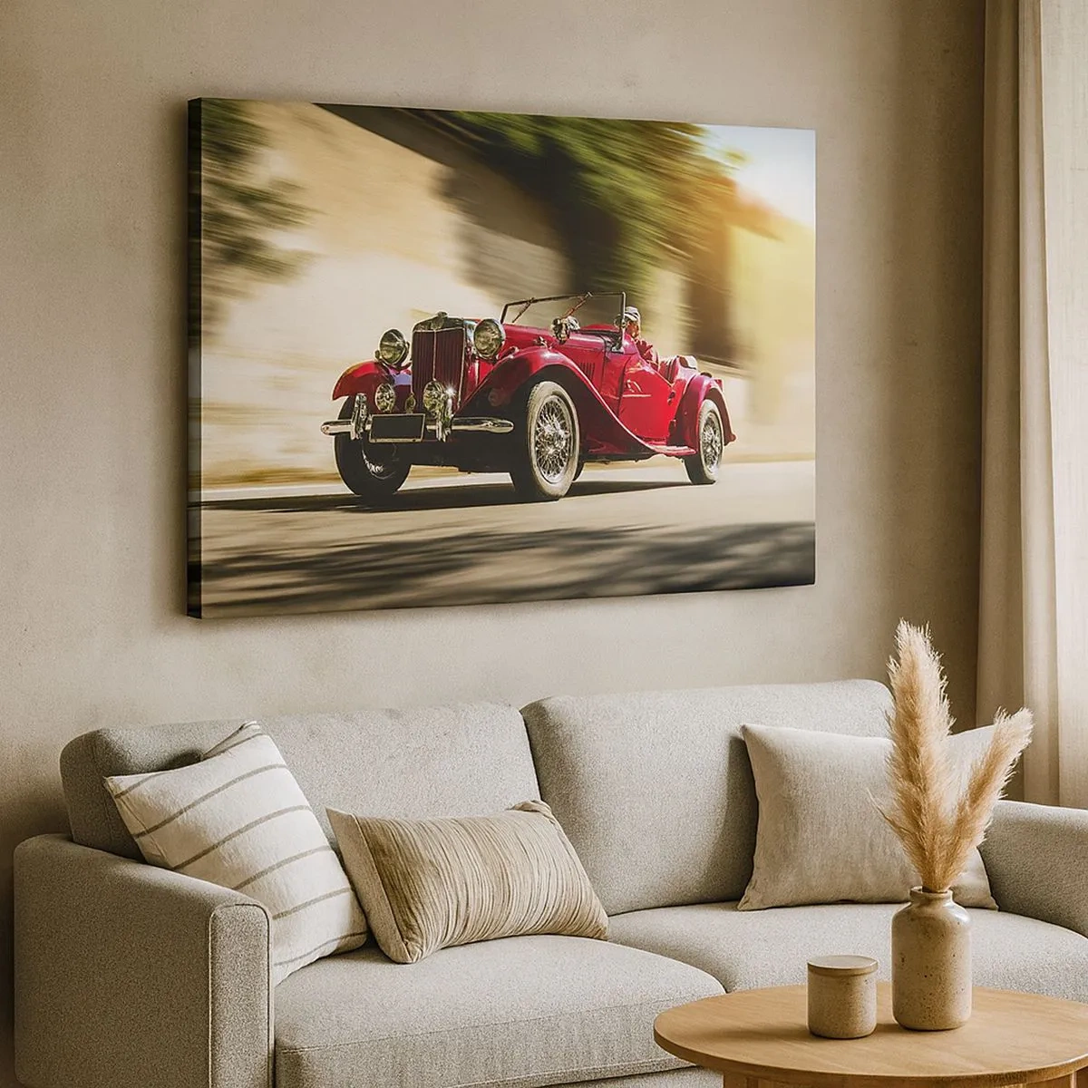 Impression sur toile - Image sur toile - Voiture classique rouge en mouvement dans une rue ensoleillée - 70x50cm - Plus belle que Nike de Samothrace - Décoration murale moderne pour le salon et la chambre ARTTOR