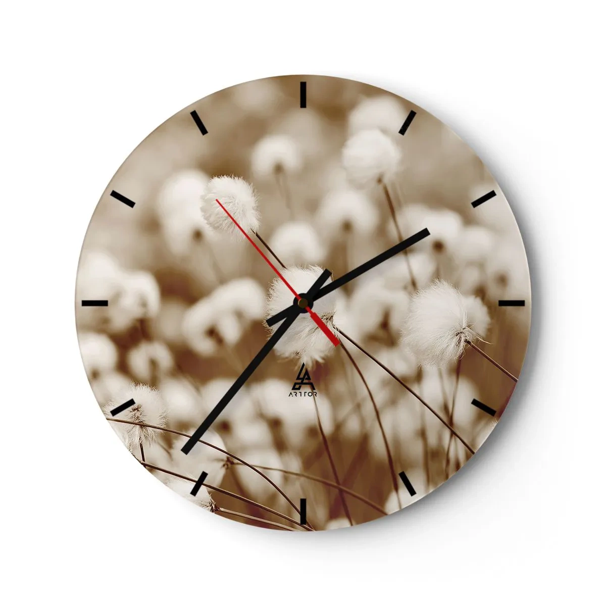 Horloge murale - Pendule murale - Plantes blanches duveteuses sur fond de prairie sépia brumeuse - 30x30cm - Tige moelleuse - Décoration murale moderne pour le salon, la cuisine et la chambre ARTTOR