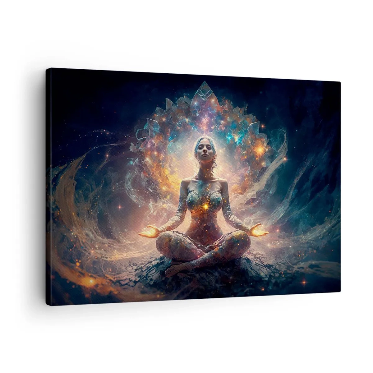Impression sur toile - Image sur toile - Une figure méditante entourée de motifs et de couleurs énergétiques. - 70x50cm - Flux de bonne énergie - Décoration murale moderne pour le salon et la chambre ARTTOR