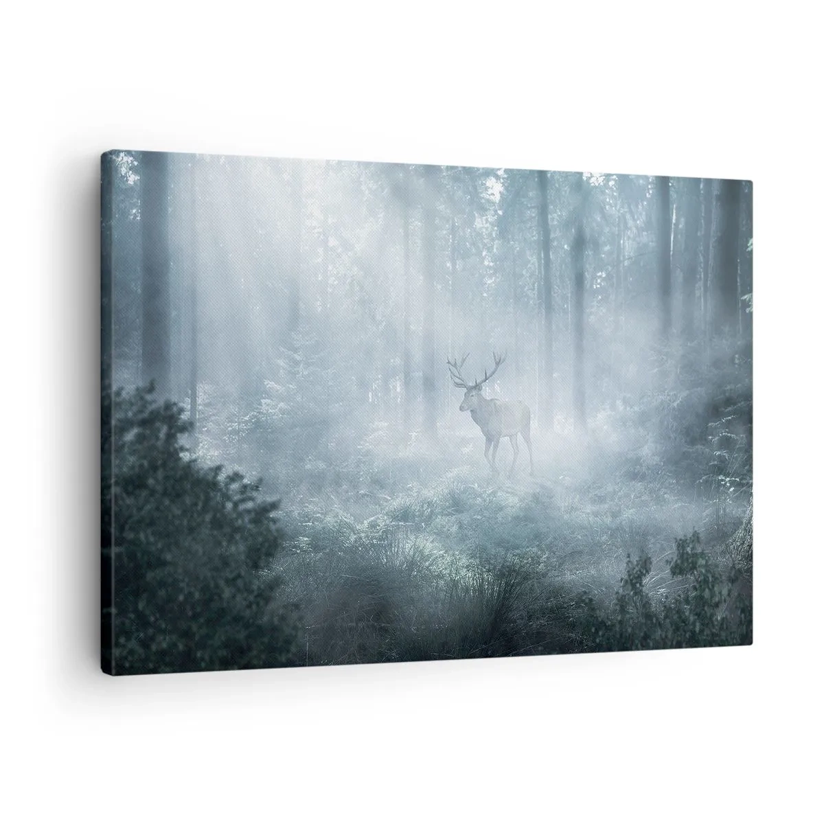 Impression sur toile - Image sur toile - Un cerf dans une forêt dense enveloppée de brume matinale - 70x50cm - Visite matinale du domaine - Décoration murale moderne pour le salon et la chambre ARTTOR