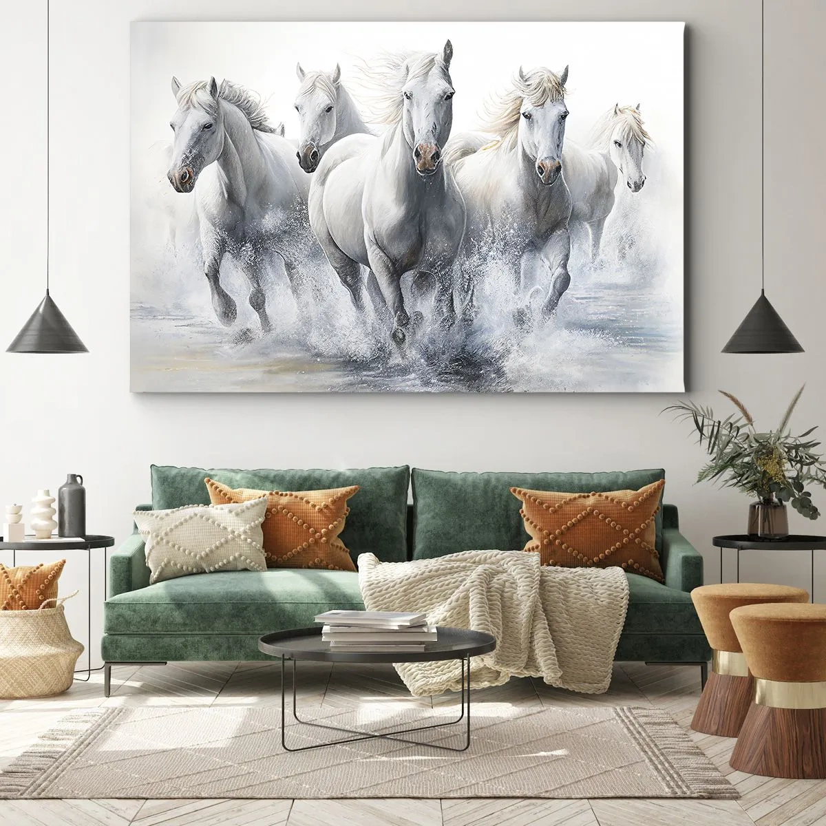 Impression sur toile - Image sur toile - Des chevaux blancs galopent dans l'eau - 70x50cm - Magie blanche - Décoration murale moderne pour le salon et la chambre ARTTOR