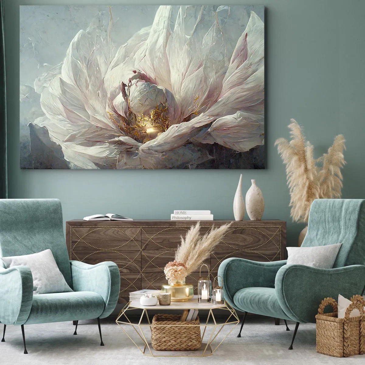 Impression sur toile - Image sur toile - Une fleur blanche délicate avec de subtils accents dorés - 70x50cm - Il fleurit une fois tous les cent ans - Décoration murale moderne pour le salon et la chambre ARTTOR