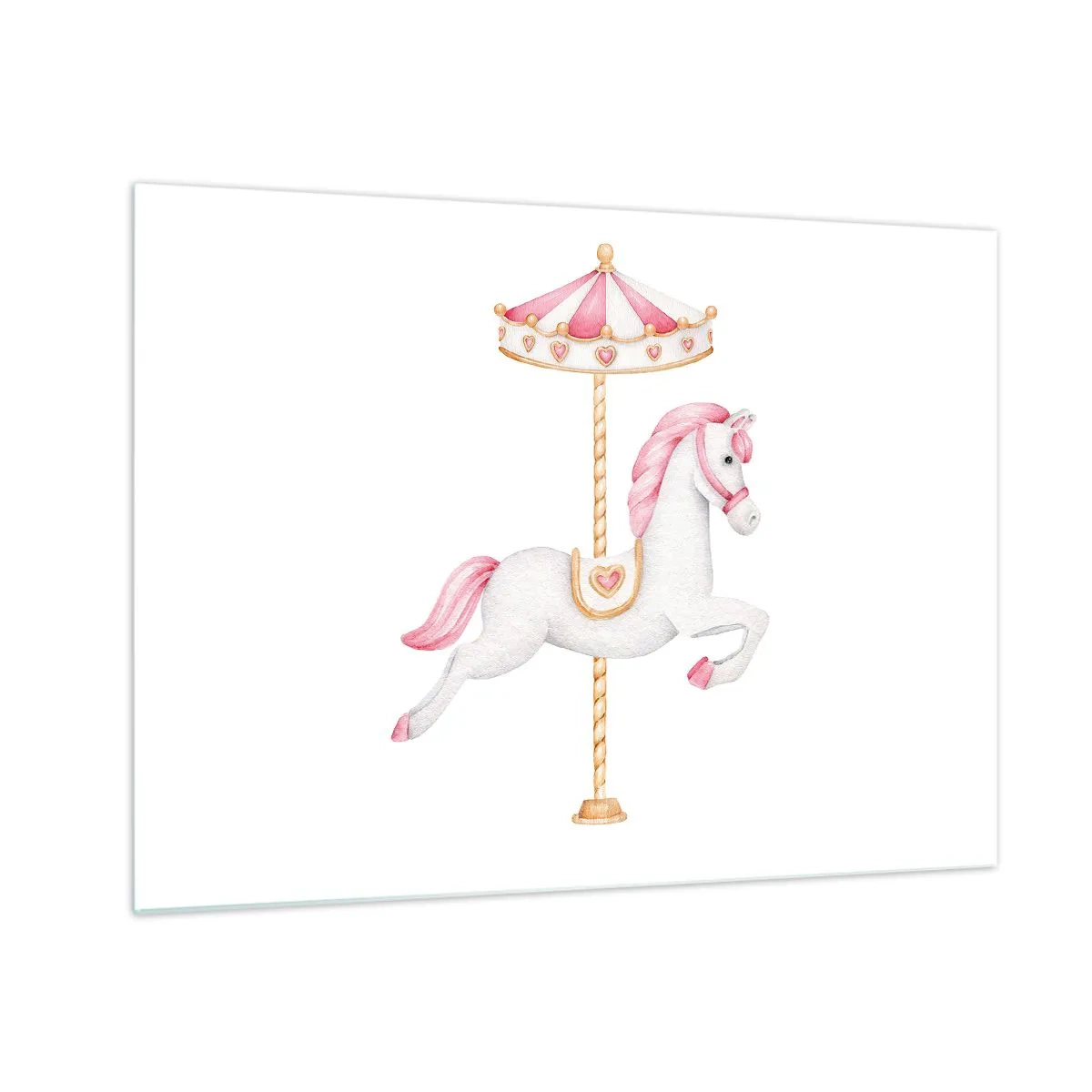 Impression sur verre - Image sur verre - Cheval de carrousel rose et blanc sur fond blanc - 70x50cm - Les sabots en avant - Décoration murale moderne pour le salon et la chambre ARTTOR