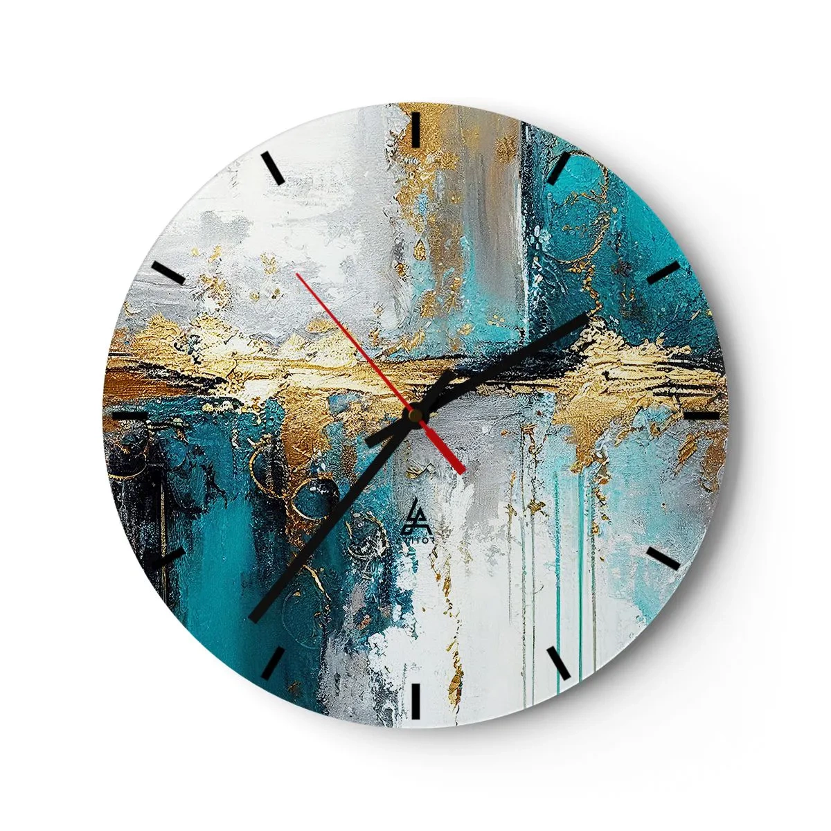 Horloge murale - Pendule murale - Coups de peinture abstraits en turquoise, blanc et or - 30x30cm - Tout coule - Décoration murale moderne pour le salon, la cuisine et la chambre ARTTOR