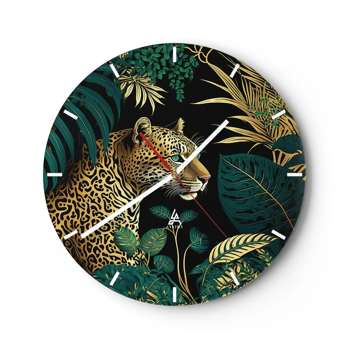 Horloge murale - Pendule murale - Léopard parmi les feuilles tropicales sur fond noir - 30x30cm - Un hôte dans la jungle - Décoration murale moderne pour le salon, la cuisine et la chambre ARTTOR