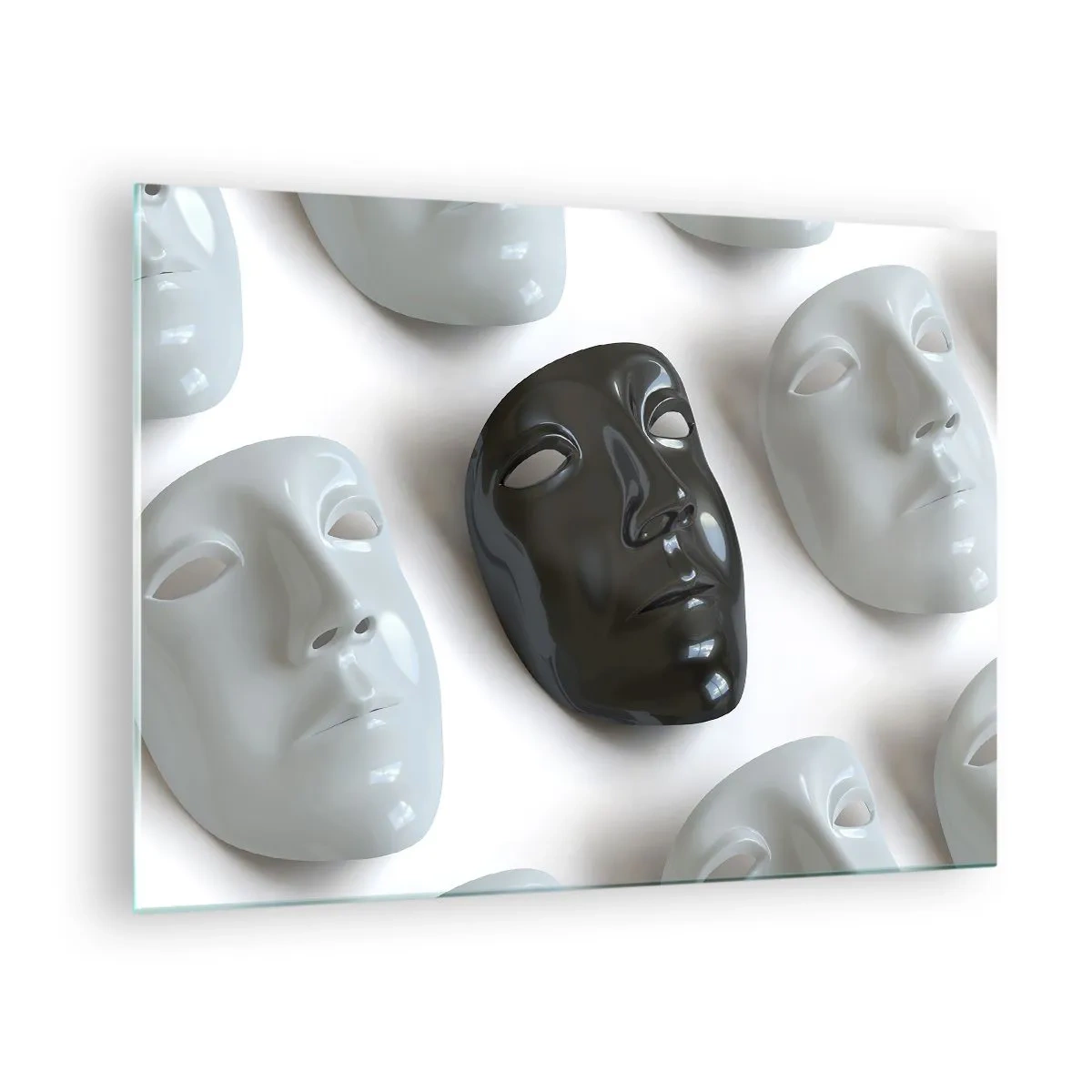 Impression sur verre - Image sur verre - Un masque noir et blanc sur un fond de masques blancs sur fond clair - 70x50cm - Comment se démarquer ? - Décoration murale moderne pour le salon et la chambre ARTTOR