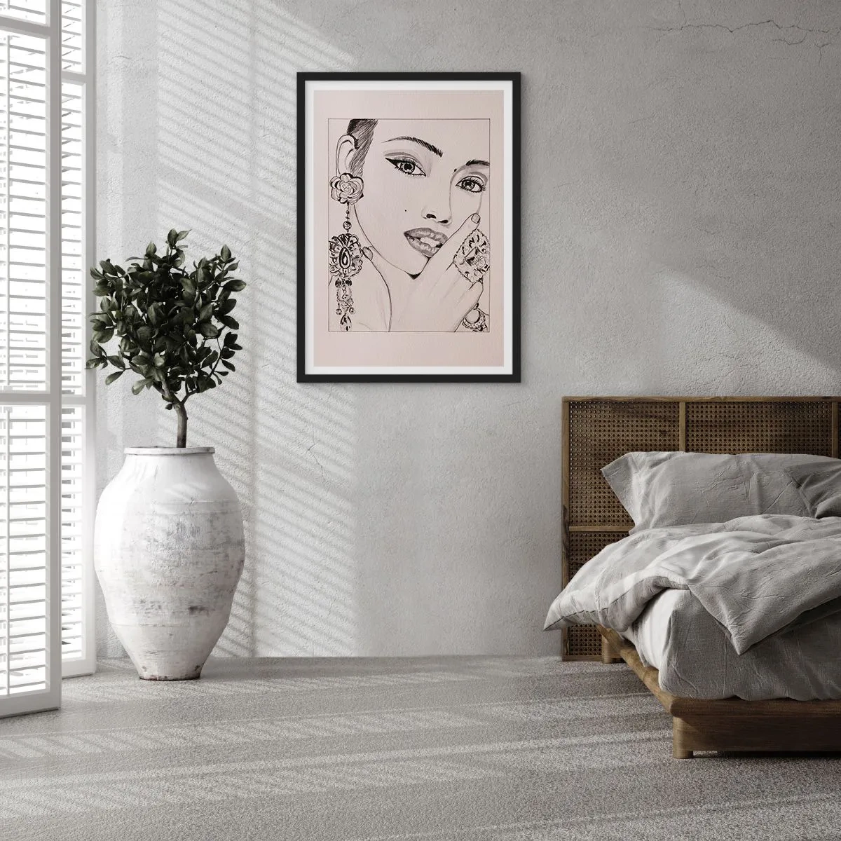 Affiche dans un cadre noir - Poster - Croquis d'une femme portant des bijoux glamour - 50x70cm - Le plus beau joyau - Décoration murale moderne pour le salon et la chambre ARTTOR