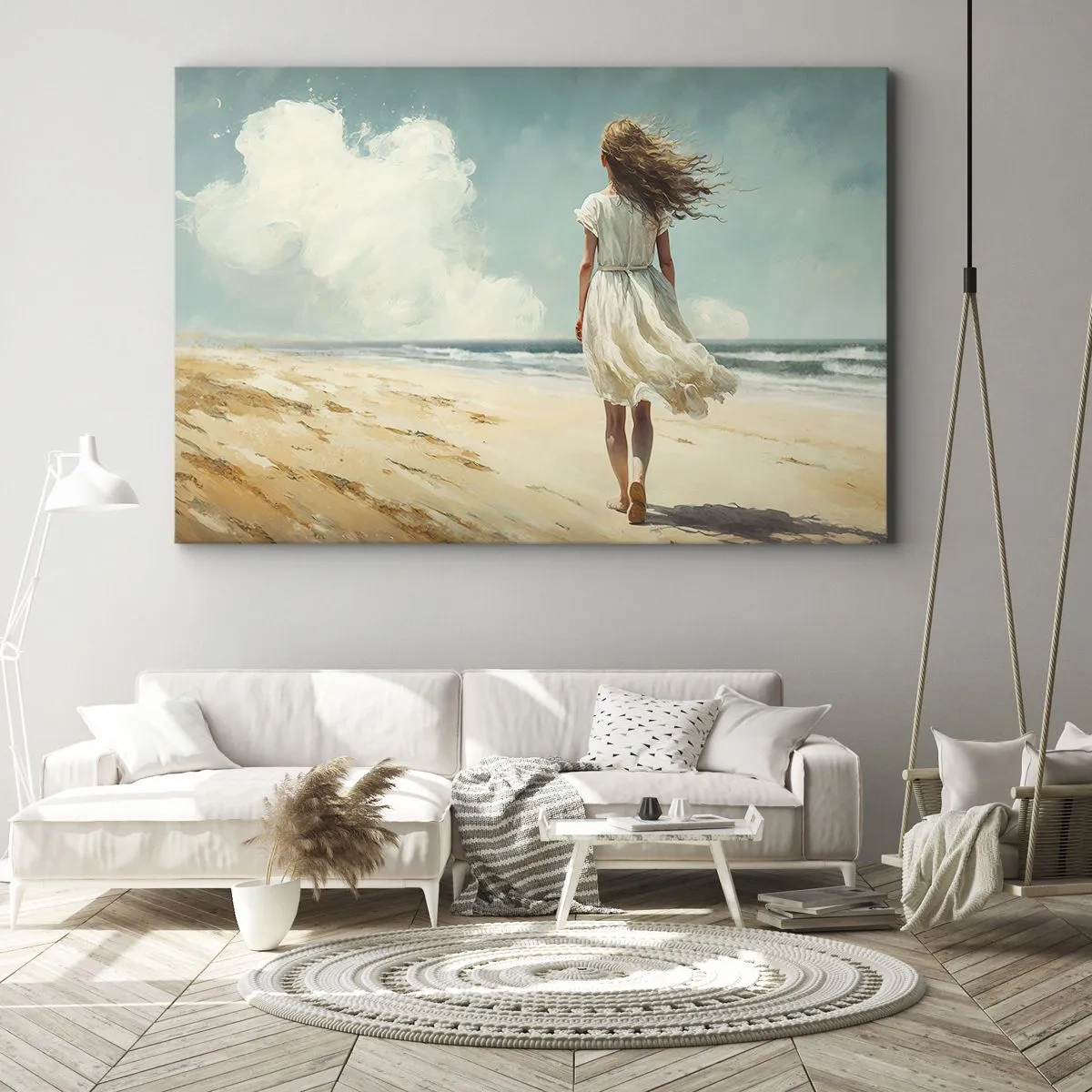 Impression sur toile - Image sur toile - Une femme en robe blanche marchant sur la plage par une journée ensoleillée - 70x50cm - Pour rencontrer le soleil et le vent - Décoration murale moderne pour le salon et la chambre ARTTOR