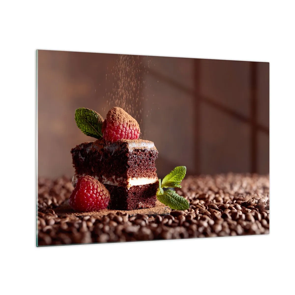 Impression sur verre - Image sur verre - Dessert au chocolat aux framboises et aux feuilles de menthe - 70x50cm - La vie est douce - Décoration murale moderne pour le salon et la chambre ARTTOR