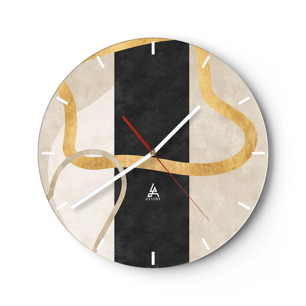 Horloge murale - Pendule murale - Lignes dorées sur fond de bande noire et formes beiges - 30x30cm - Formes emmellées - Décoration murale moderne pour le salon, la cuisine et la chambre ARTTOR