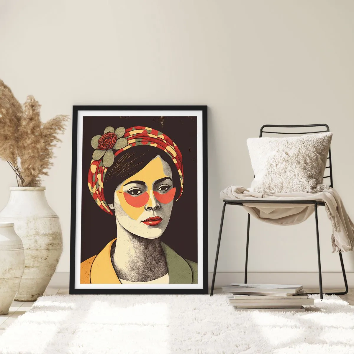 Affiche dans un cadre noir - Poster - Portrait stylisé d'une femme portant un turban avec un accent floral - 50x70cm - Dame Corail - Décoration murale moderne pour le salon et la chambre ARTTOR