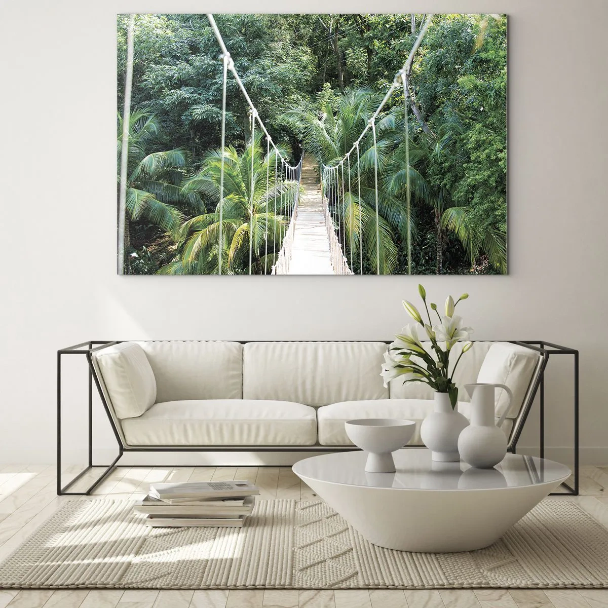 Impression sur verre - Image sur verre - Pont suspendu dans une forêt tropicale - 70x50cm - Welcome to the jungle! - Décoration murale moderne pour le salon et la chambre ARTTOR
