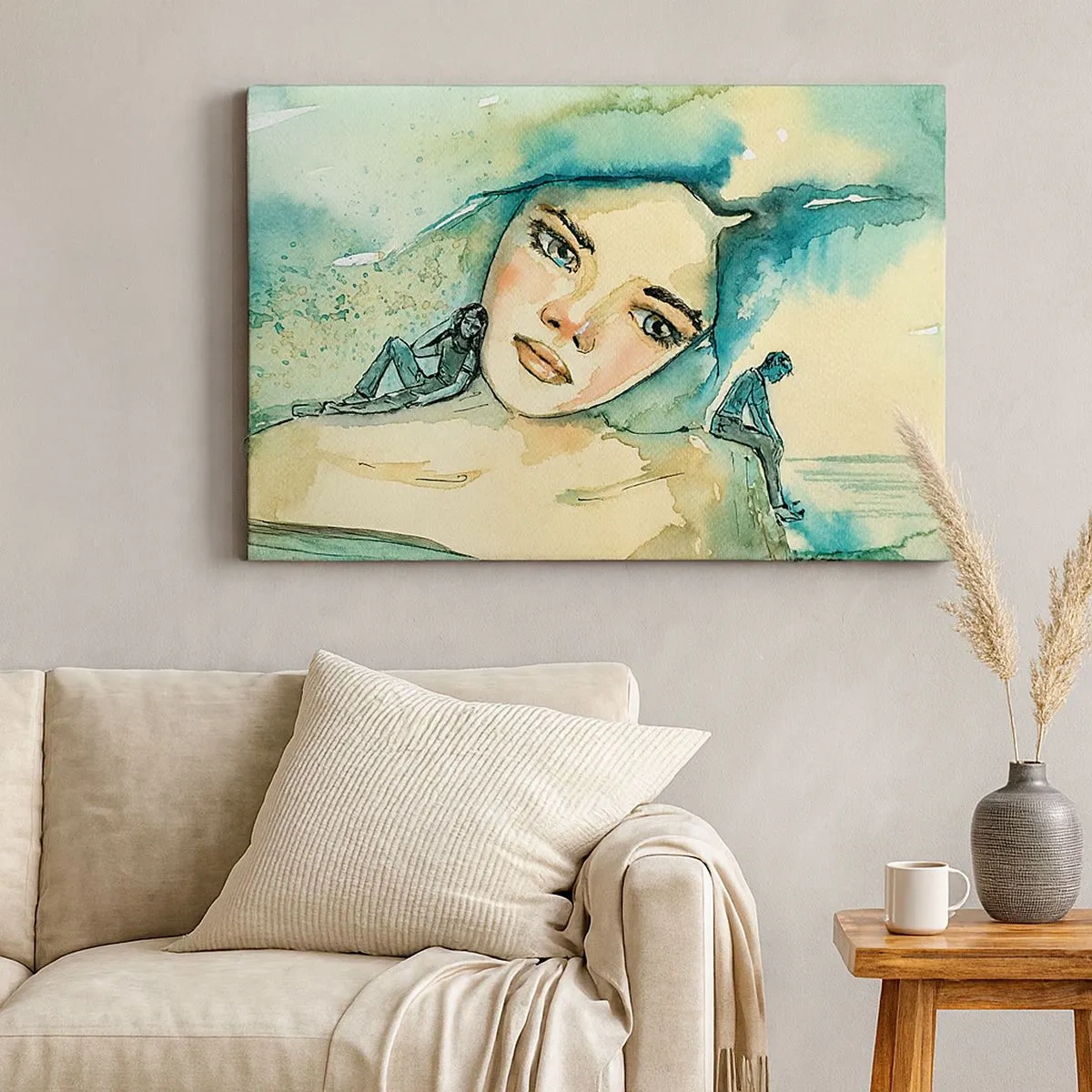 Impression sur toile - Image sur toile - Aquarelle d'un visage de femme avec un motif réfléchissant - 70x50cm - Suis-je bleu? - Décoration murale moderne pour le salon et la chambre ARTTOR