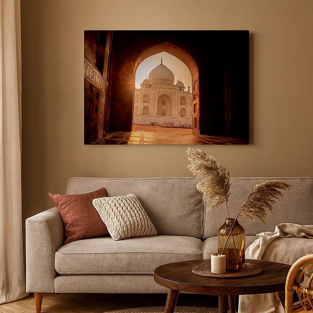 Impression sur toile - Image sur toile - Le Taj Mahal au soleil vu depuis l'arche de la porte - 70x50cm - Un monument à l'amour surnaturel - Décoration murale moderne pour le salon et la chambre ARTTOR