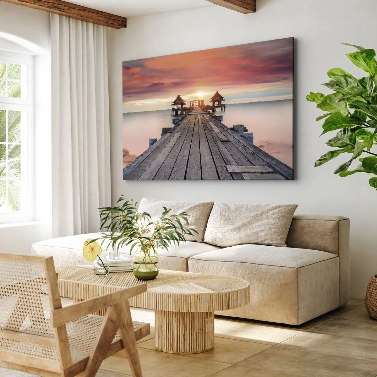 Impression sur toile - Image sur toile - Jetée en bois menant aux belvédères au coucher du soleil - 70x50cm - L'Ouest à l'Est - Décoration murale moderne pour le salon et la chambre ARTTOR