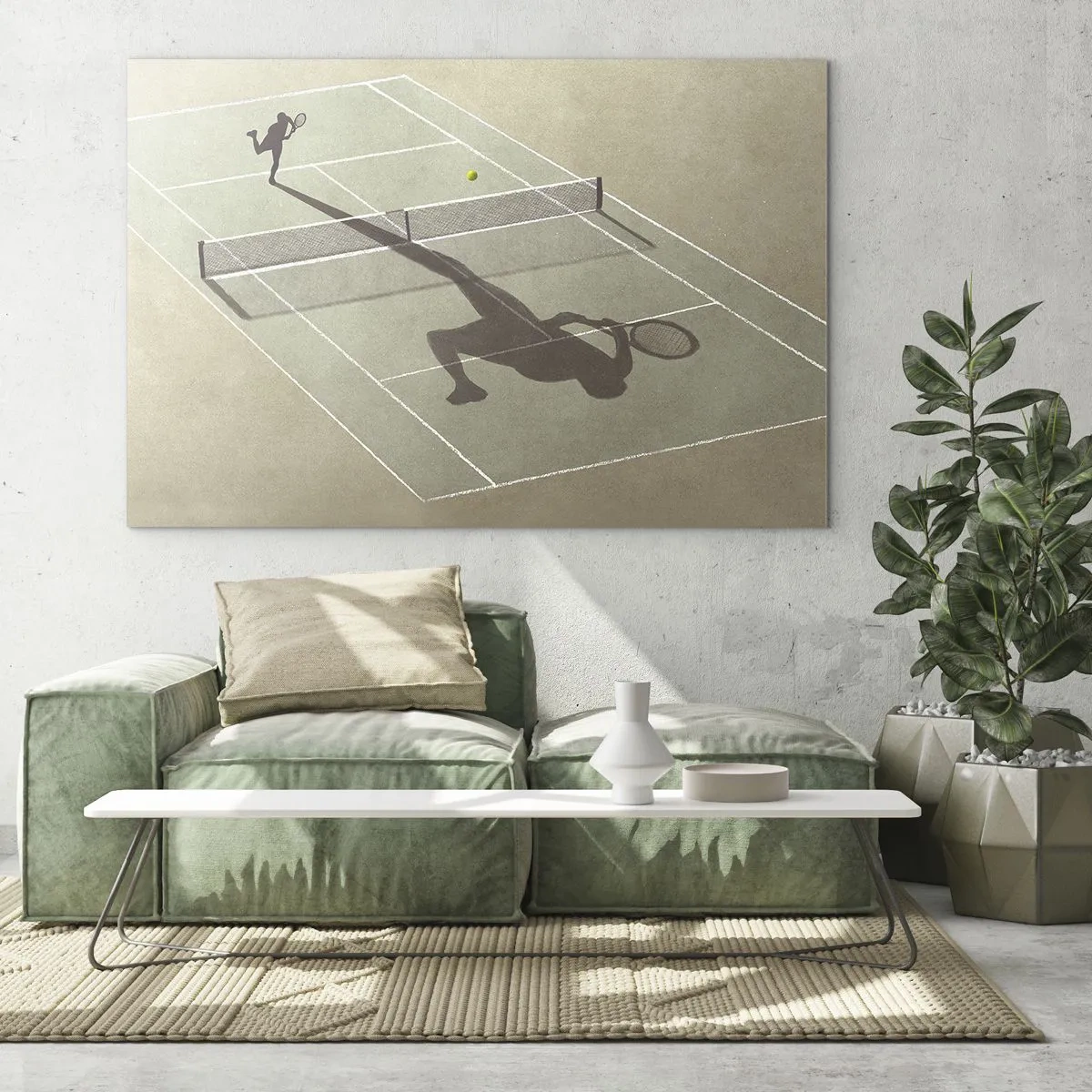 Impression sur verre - Image sur verre - La silhouette d'un joueur de tennis et son ombre sur le court pendant un service - 70x50cm - Dépassement de soi - Décoration murale moderne pour le salon et la chambre ARTTOR