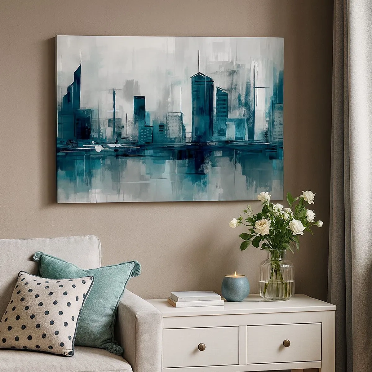 Impression sur toile - Image sur toile - Une ville moderne aux tons turquoise et gris - 70x50cm - Une ville couleur de pluie - Décoration murale moderne pour le salon et la chambre ARTTOR