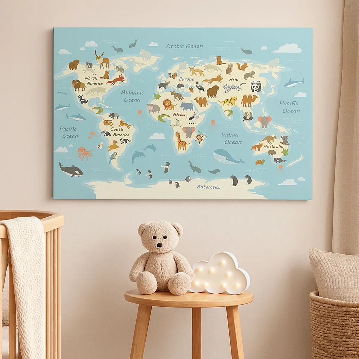Impression sur toile - Image sur toile - Carte du monde avec des illustrations d'animaux - 70x50cm - De bons voisins - Décoration murale moderne pour le salon et la chambre ARTTOR