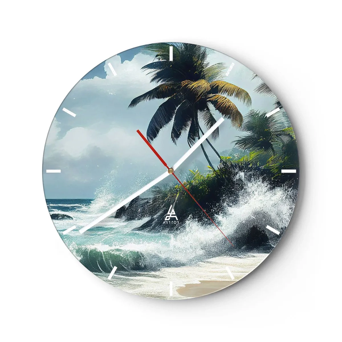 Horloge murale - Pendule murale - Plage tropicale avec palmiers et vagues déferlantes de l'océan - 30x30cm - Sur une côte tropicale - Décoration murale moderne pour le salon, la cuisine et la chambre ARTTOR