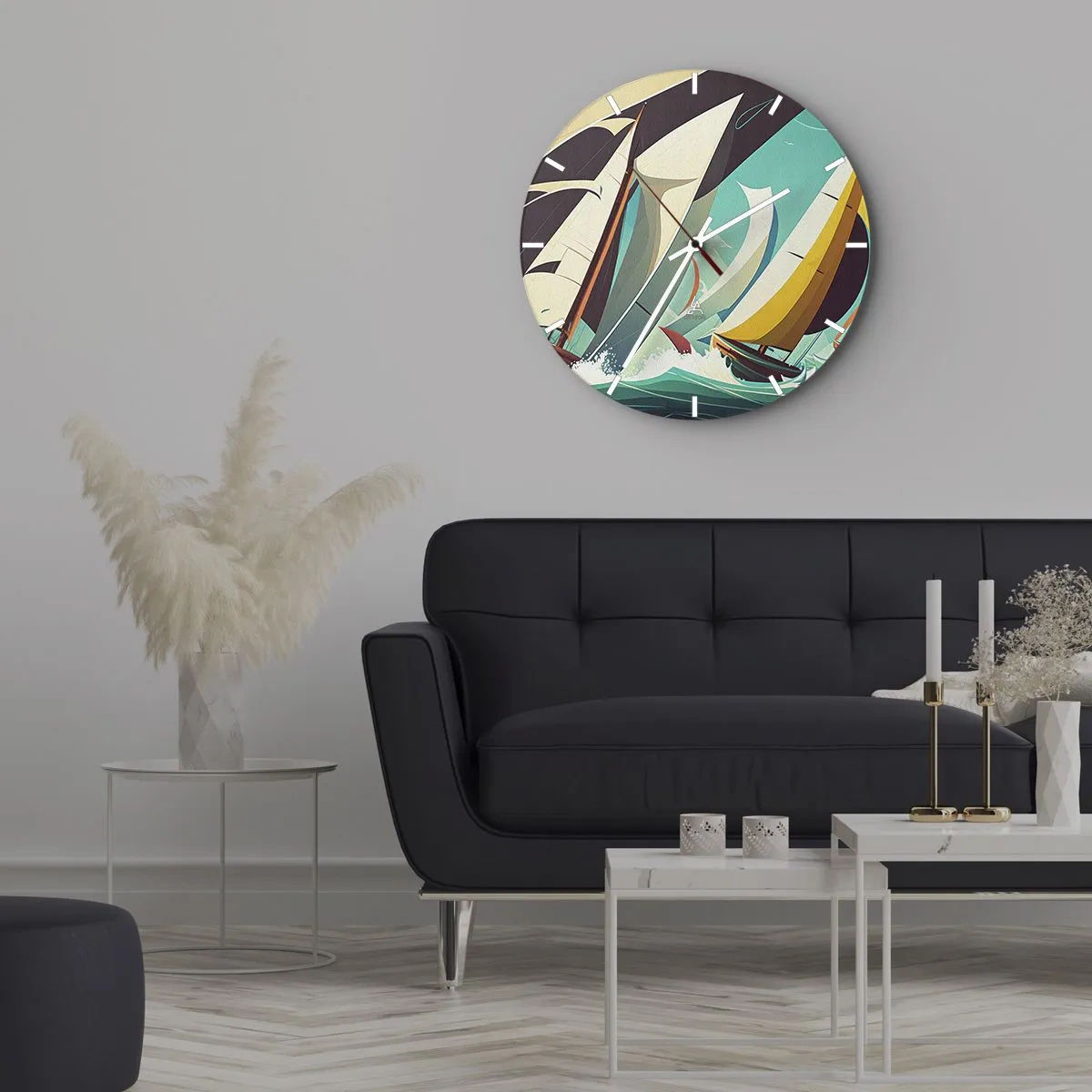 Horloge murale - Pendule murale - Voiliers de style graphique sur une mer turquoise orageuse - 30x30cm - Bonne chance avec les éléments - Décoration murale moderne pour le salon, la cuisine et la chambre ARTTOR