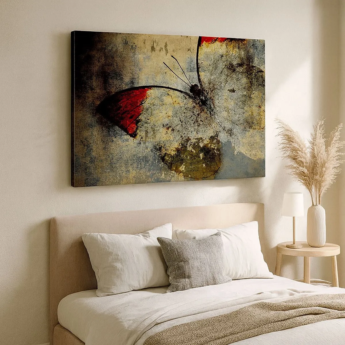 Impression sur toile - Image sur toile - Un papillon dans les tons de rouge et de gris sur un fond texturé - 70x50cm - Regarde avant que je disparaisse - Décoration murale moderne pour le salon et la chambre ARTTOR