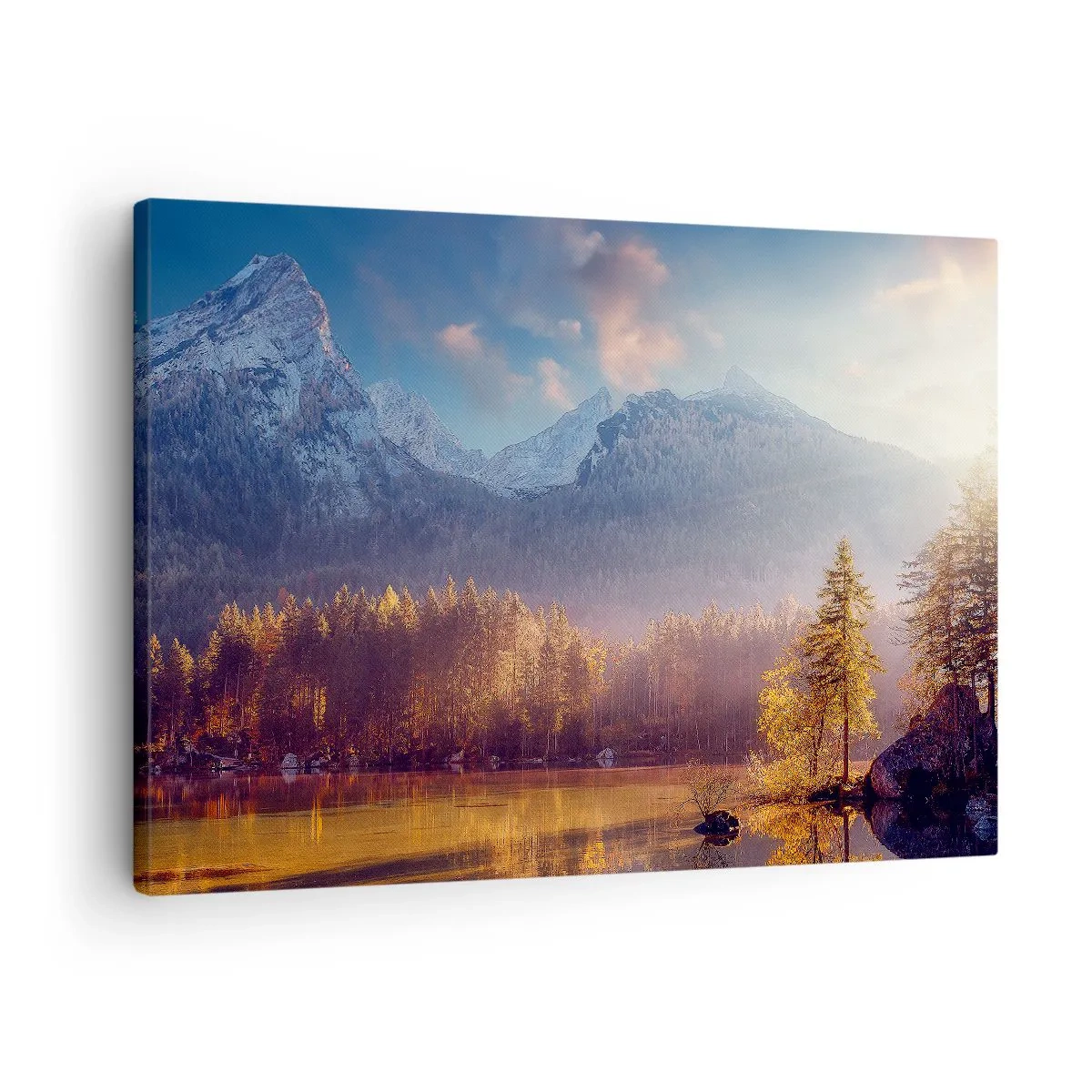 Impression sur toile - Image sur toile - Vue pittoresque de la forêt de montagne et du lac à l'aube - 70x50cm - Dans les montagnes et les vallées - Décoration murale moderne pour le salon et la chambre ARTTOR