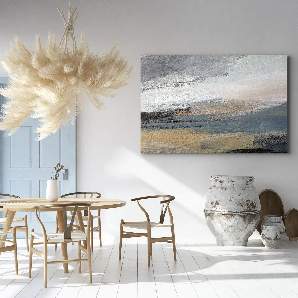 Impression sur toile - Image sur toile - Paysage abstrait dans des tons sobres de bleu et de beige - 70x50cm - Abstraction : paysage nordique - Décoration murale moderne pour le salon et la chambre ARTTOR