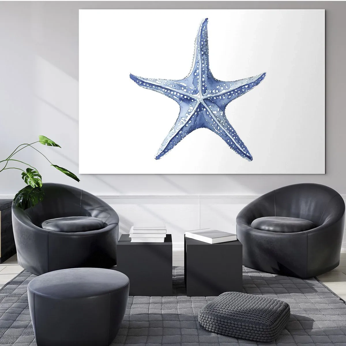 Impression sur verre - Image sur verre - Étoile de mer bleue sur fond blanc dans un style aquarelle - 70x50cm - Étoile de mer - Décoration murale moderne pour le salon et la chambre ARTTOR