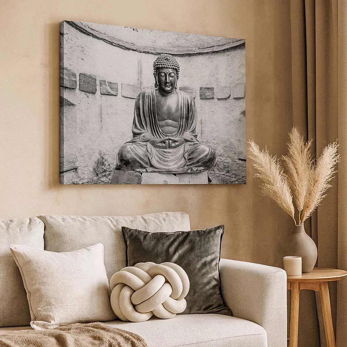 Impression sur toile - Image sur toile - Statue de Bouddha noir et blanc dans une pose méditative - 70x50cm - A la source de la paix - Décoration murale moderne pour le salon et la chambre ARTTOR