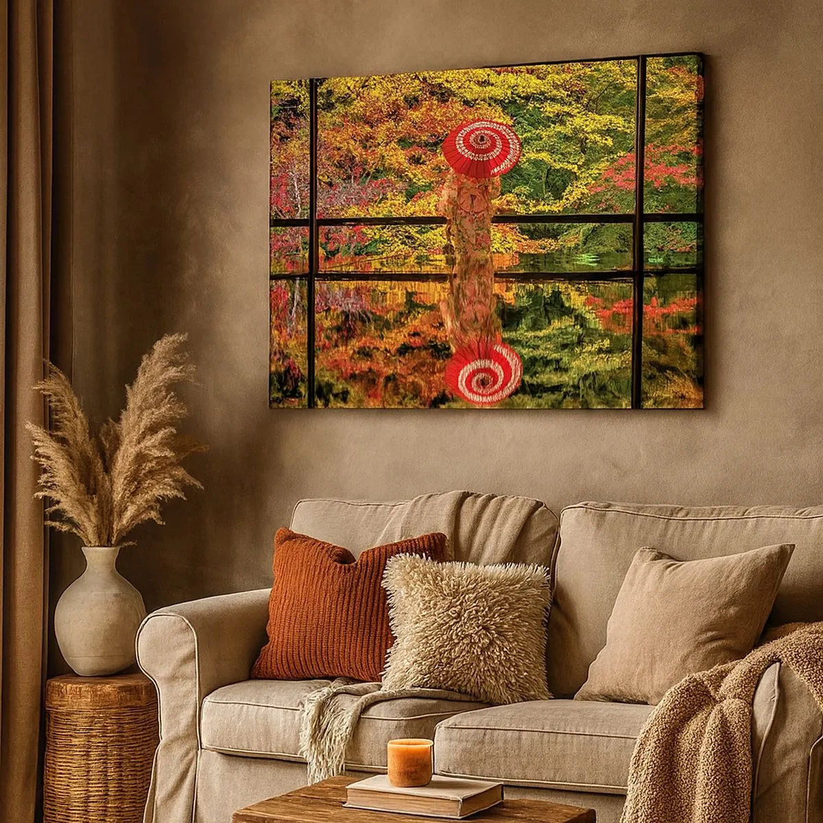 Impression sur toile - Image sur toile - Une femme en kimono avec un parapluie sur fond de paysage d'automne. - 70x50cm - Dans le temple de la nature - Décoration murale moderne pour le salon et la chambre ARTTOR