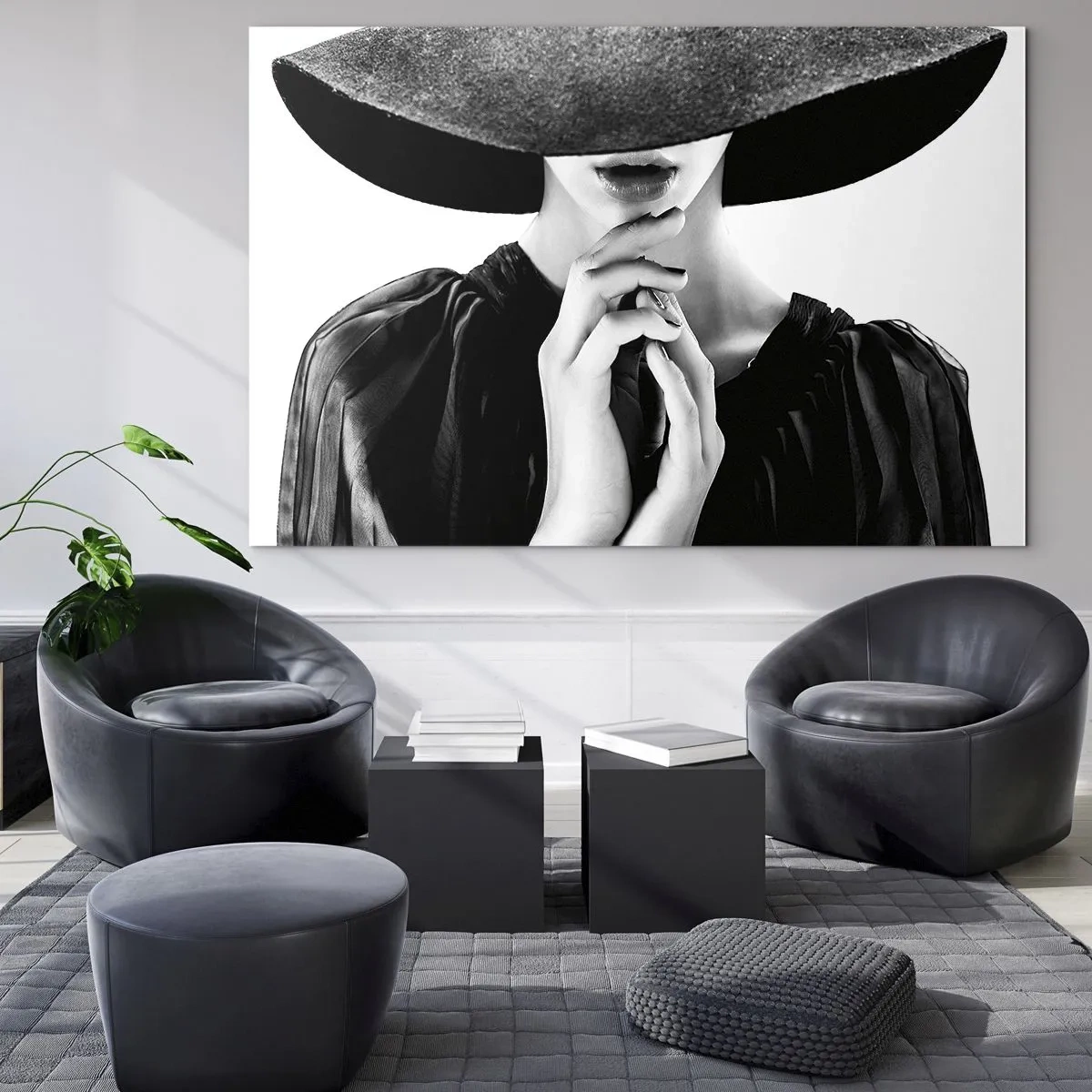 Impression sur verre - Image sur verre - Femme élégante en noir avec un chapeau couvrant son visage - 70x50cm - Beauté cachée - Décoration murale moderne pour le salon et la chambre ARTTOR