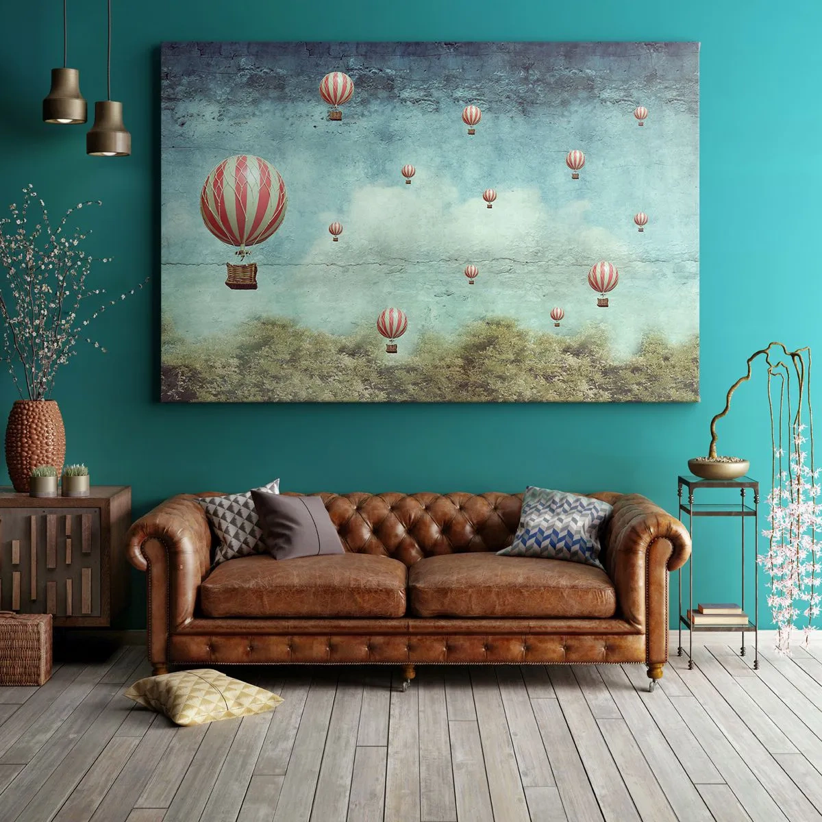 Impression sur toile - Image sur toile - Ballons rétro sur fond de ciel bleu et de verdure - 70x50cm - Libre de l'agitation de la vie - Décoration murale moderne pour le salon et la chambre ARTTOR
