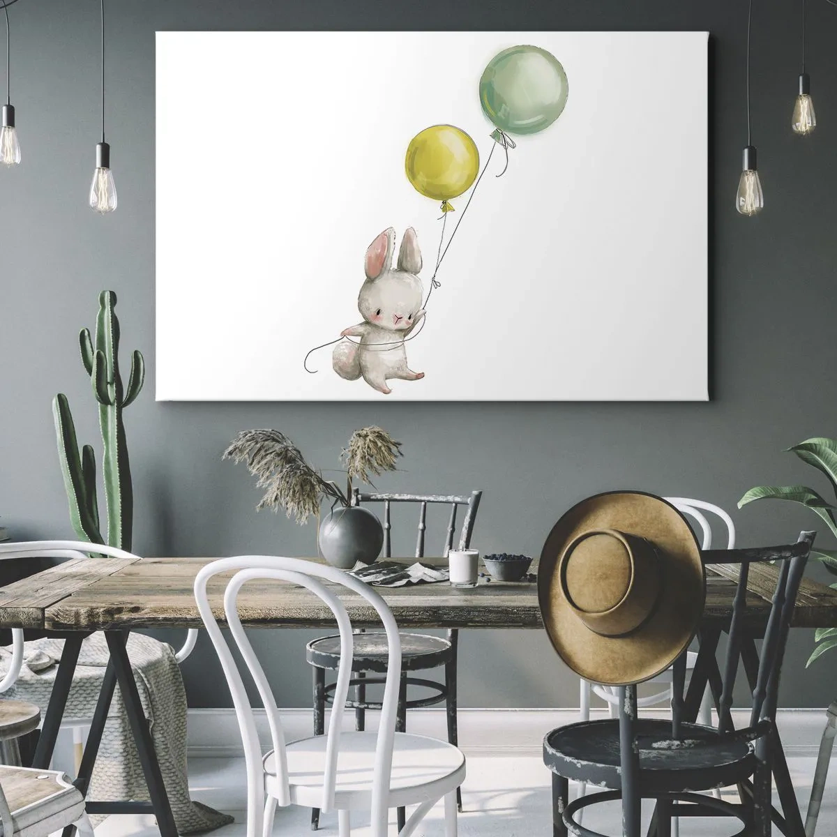 Impression sur toile - Image sur toile - Un lapin tenant des ballons aux couleurs pastel - 70x50cm - Moi aussi je vole! - Décoration murale moderne pour le salon et la chambre ARTTOR