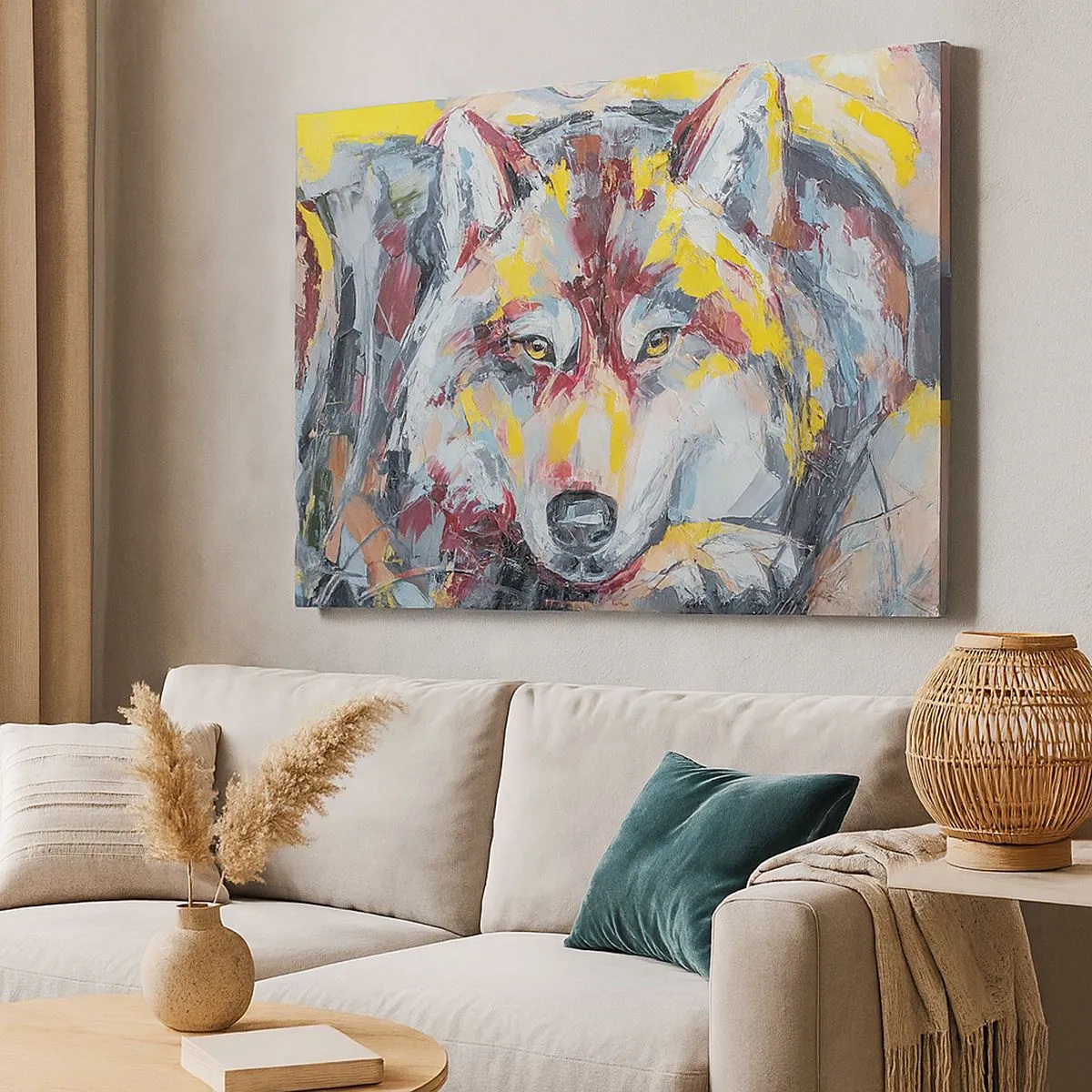 Impression sur toile - Image sur toile - Portrait artistique d'un loup aux couleurs intenses - 70x50cm - En paix au milieu des siens - Décoration murale moderne pour le salon et la chambre ARTTOR