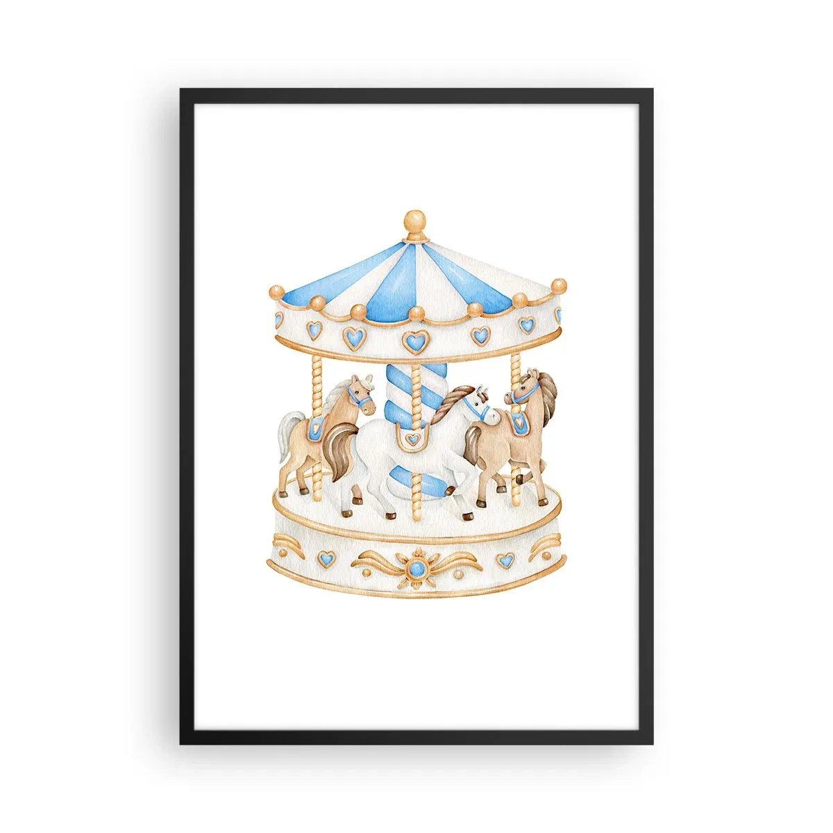 Affiche dans un cadre noir - Poster - Carrousel aquarelle dans des tons pastel de bleu et d'or - 50x70cm - Douce enfance - Décoration murale moderne pour le salon et la chambre ARTTOR