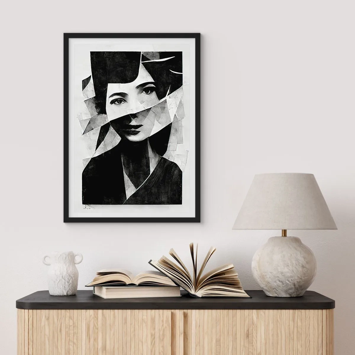 Affiche dans un cadre noir - Poster - Portrait d'une femme dans une composition abstraite - 50x70cm - Vraiment ce que tu es… - Décoration murale moderne pour le salon et la chambre ARTTOR