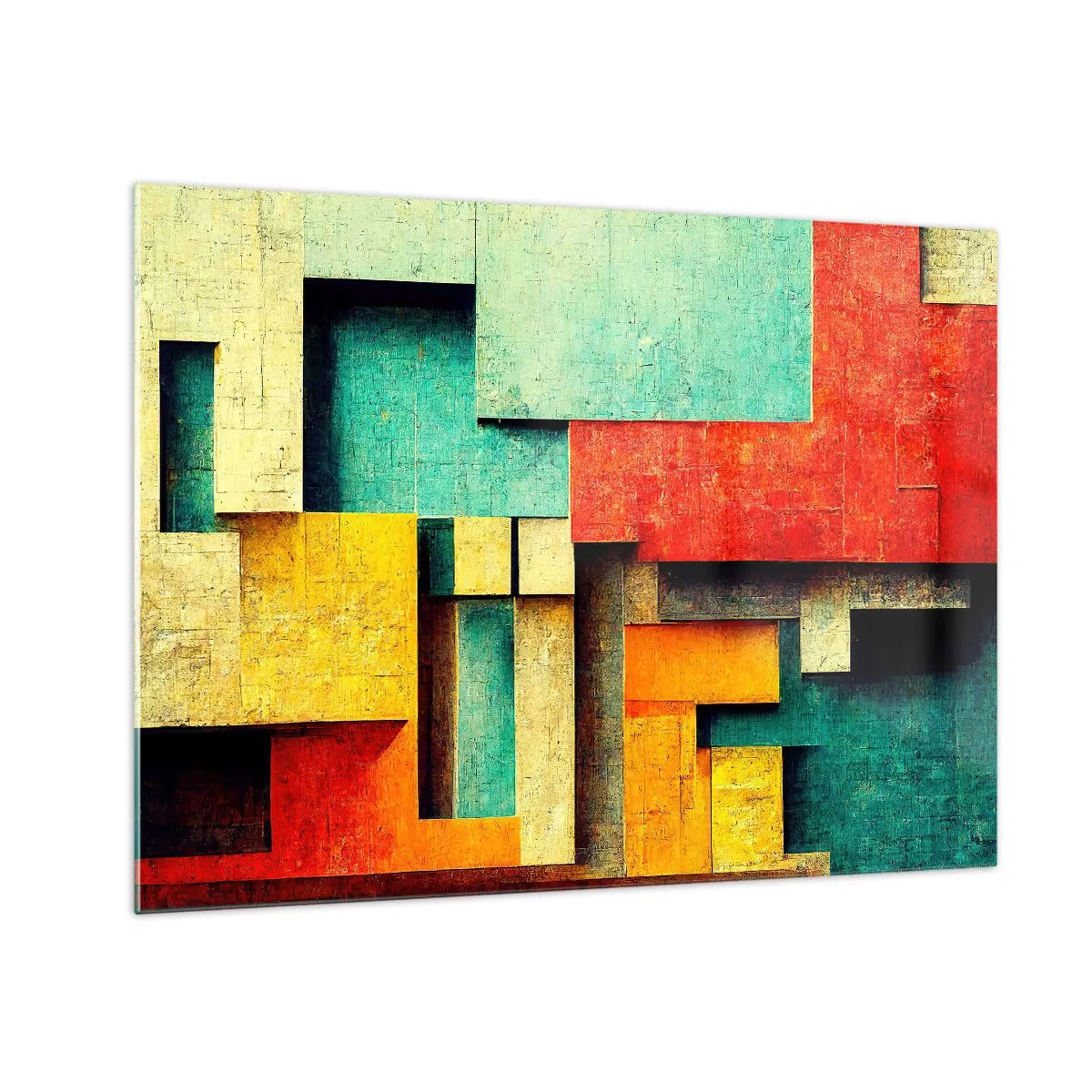 Impression sur verre - Image sur verre - Abstraction géométrique colorée faite de rectangles - 70x50cm - Festival des angles droits - Décoration murale moderne pour le salon et la chambre ARTTOR