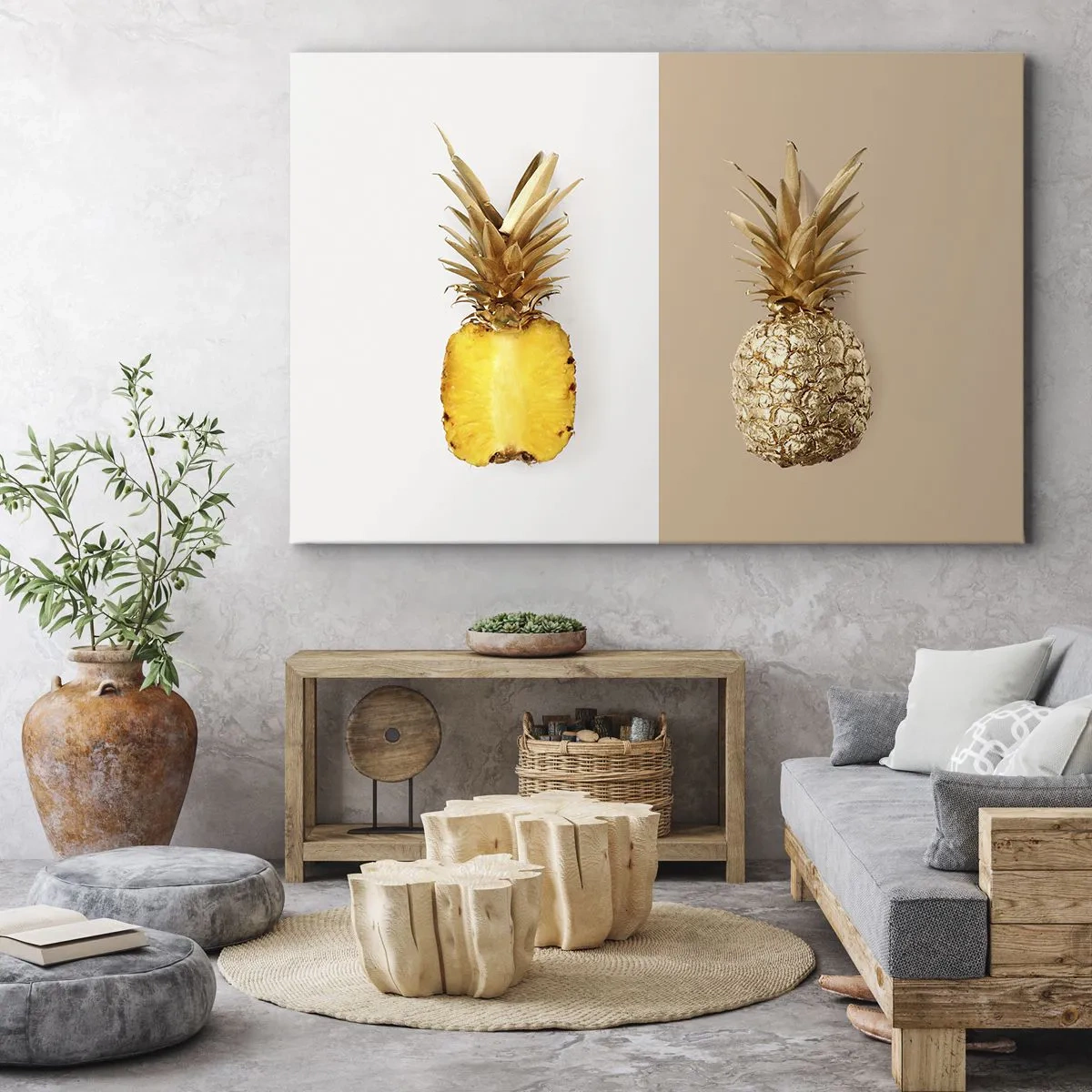 Impression sur toile - Image sur toile - La moitié d'un ananas frais et doré sur un fond contrasté - 70x50cm - Ananas pour nous - Décoration murale moderne pour le salon et la chambre ARTTOR